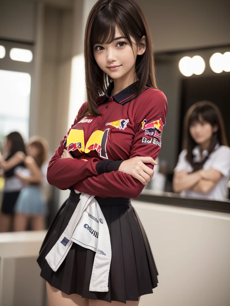 (8k, RAW Photos, Highest quality, masterpiece:1.2), (Realistic, photo-Realistic:1.4), (Highly detailed 8K wallpapers), ((Full Body Shot)), (1 girl), Sharp focus, Depth of written boundary, Cinematic lighting, Soft Light, 緻密な美しさのeye, eye_Chan, Very beautiful 17 year old girl, innocent big eyes, Realistic, photo Realistic, Highly detailed cute girl, (Thin thighs), (Model Body Type), 18-year-old, (((F1 Oracle Red Bull Racing polo shirt))), ((Micro Mini Pleated Skirt)), (((Fold your arms in front of your chest and act arrogantly))), ((A happy smile)), Parted lips, Watching the audience, (At Suzuka Circuit) , (Brown Hair),（Long Bob Hair), (Asymmetrical bangs)