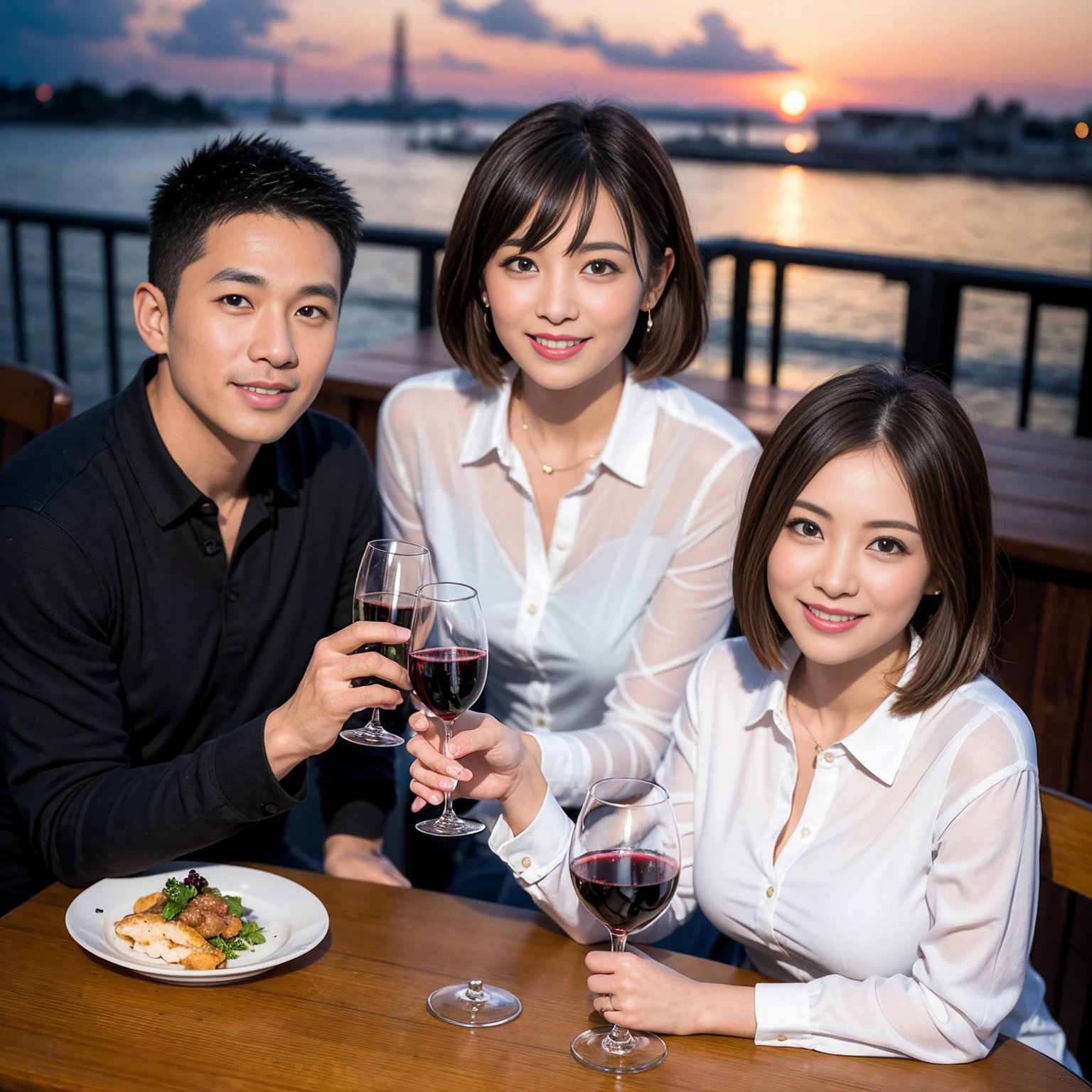 ((Highest quality、8k、masterpiece:1.3))、 (Genuineistic, Genuine、Bright image、Intricate details:1.2), 最高のsmile 男性1人 女性1人、Beautiful Couple、spouse、Couple、spouse、Beautiful Couple、smile、Full-course dinner at a packed table、テーブルにwine glass、 (Slim face), (the body is slim), (Brown Hair), (short hair), Please shine a light on my face、 Amazing view of the sunset sky and clouds、 (age 34), 39 years old, red wine 、Wine bottle、sparkling wine、Long sleeve shirt、dress、White wine, red wine, wine glass,