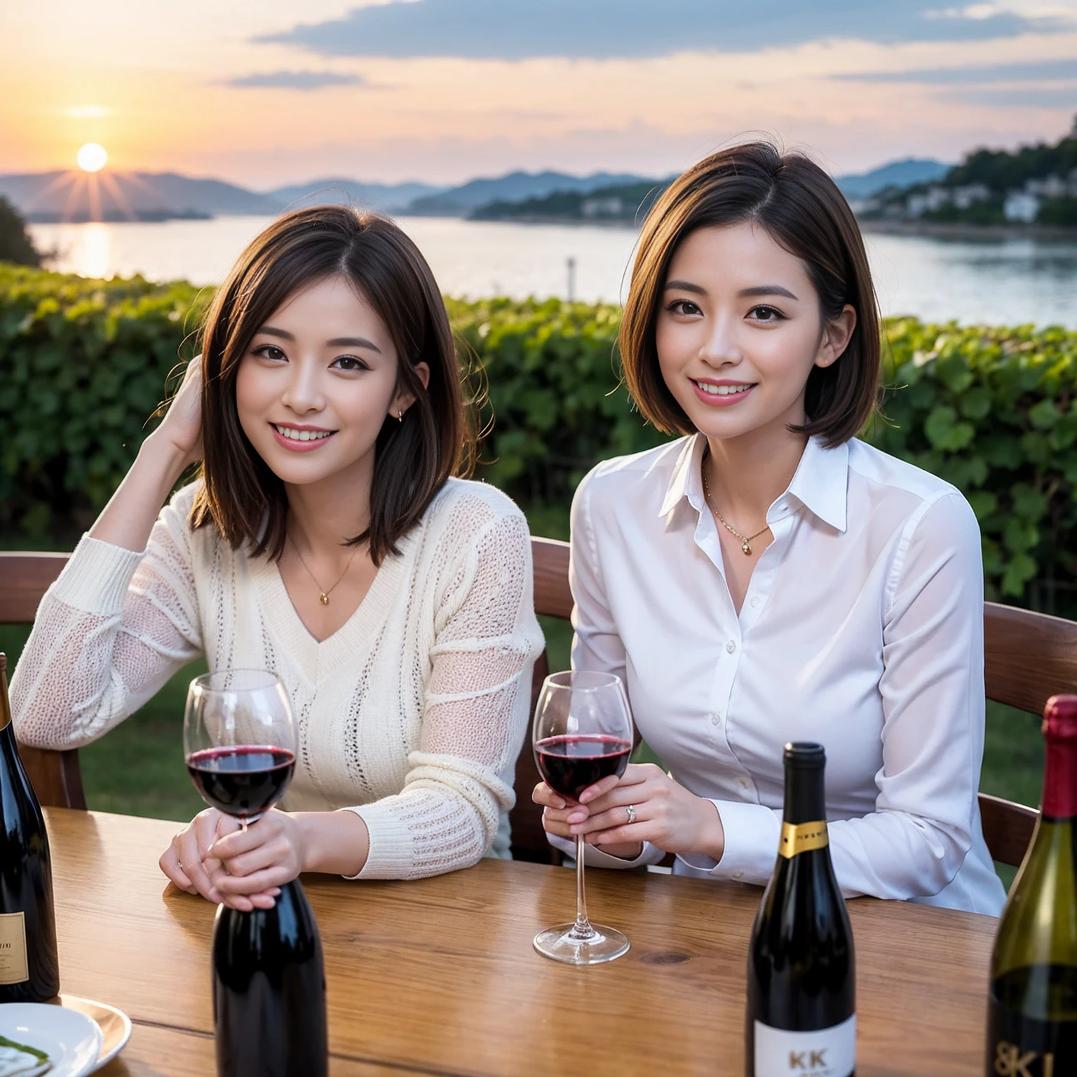 ((Highest quality、8k、masterpiece:1.3))、 (Genuineistic, Genuine、Bright image、Intricate details:1.2), 最高のsmile 男性1人 女性1人、Beautiful Couple、spouse、Couple、spouse、Beautiful Couple、smile、Full-course dinner at a packed table、テーブルにwine glass、 (Slim face), (the body is slim), (Brown Hair), (short hair), Please shine a light on my face、 Amazing view of the sunset sky and clouds、 (age 34), 39 years old, red wine 、Wine bottle、sparkling wine、Long sleeve shirt、dress、White wine, red wine, wine glass,