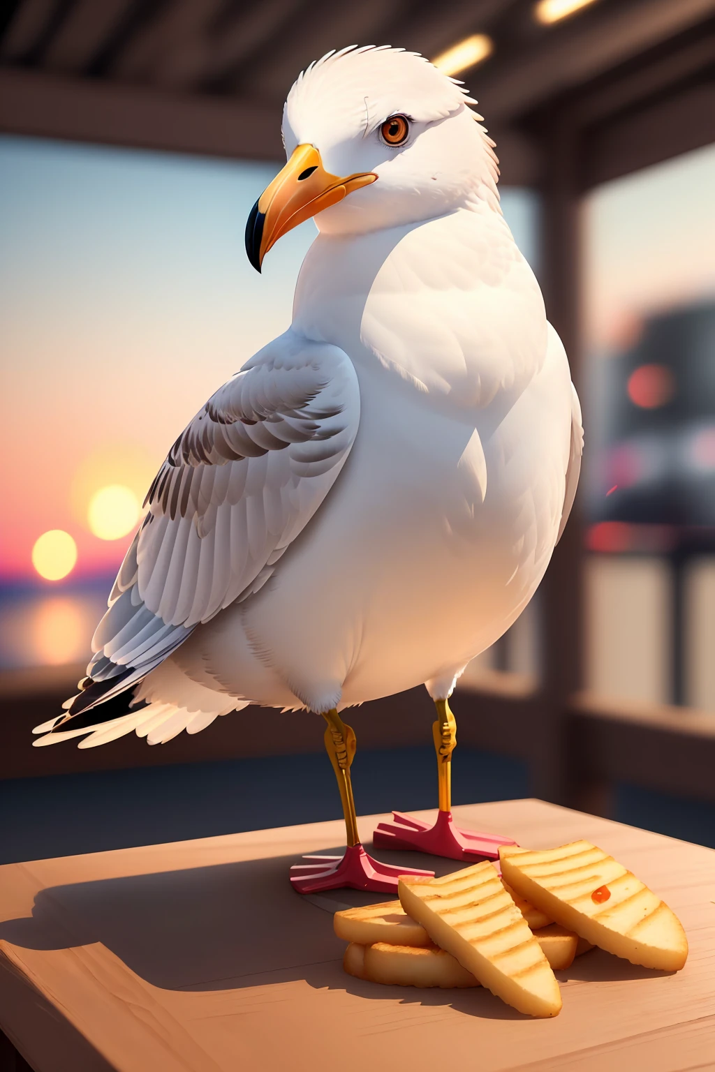 Seagull standing on a table, pecking at fries, realistic,illustration,(best quality,4k,8k, highres,masterpiece:1.2),ultra-detailed,(photorealistic:1.37),vivid colors,portraits,studio lighting,bokeh,texture details,crisp details,shiny beak,feathers texture,golden sunset colors,soft shadows