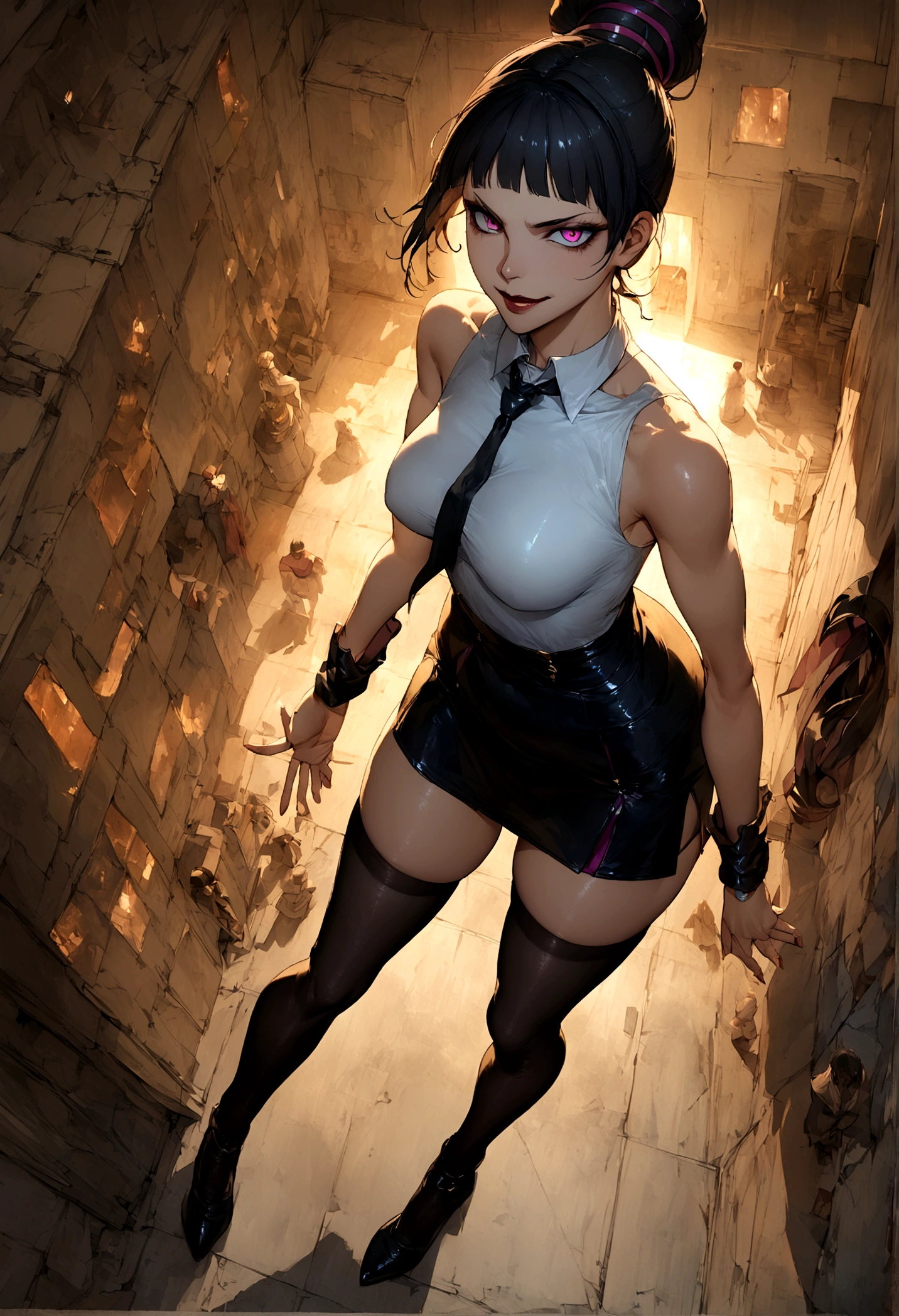 juri han, work of art, tight white secretary shirt with black tie, black high waist skirt, short skirt,stocking, black hair, black tights,evil smile,office,franja nos olhos,lighting,chifre de cabelos,view from above,olhando para cima
