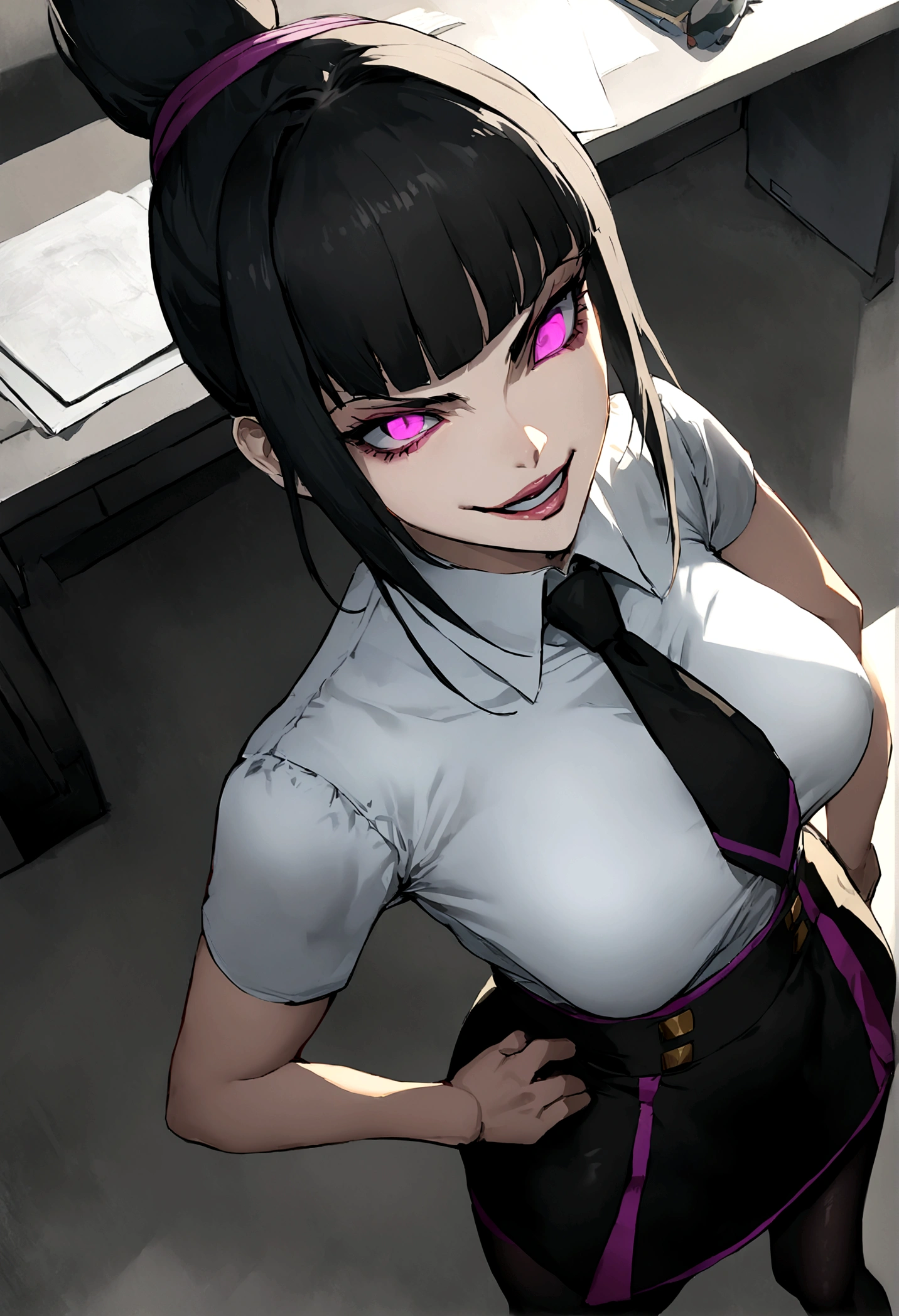 juri han, work of art, tight white secretary shirt with black tie, black high waist skirt, short skirt,stocking, black hair, black tightscary sun,office,bangs on the eyes,Lighting,horn of hair,view from above,staring overhead,evil smile
