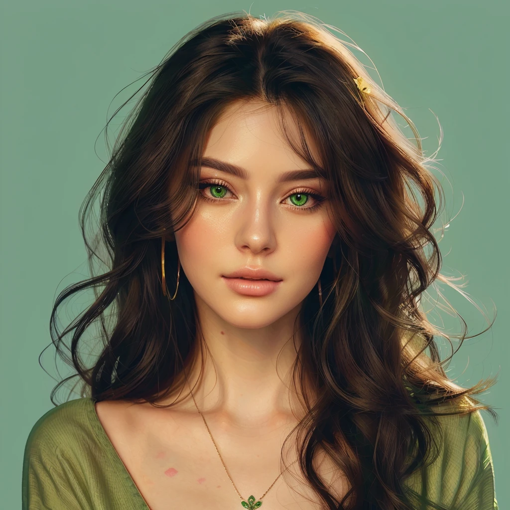 a close up of a woman with long hair and a green shirt, beautiful digital illustration, stunning digital illustration, detailed beautiful portrait, in style of digital illustration, digital illustration portrait, realistic art style, in the art style of bowater, trending on artstration, beautiful digital artwork, realistic cute girl painting, stunning art style, detailed illustration portrait, rossdraws portrait