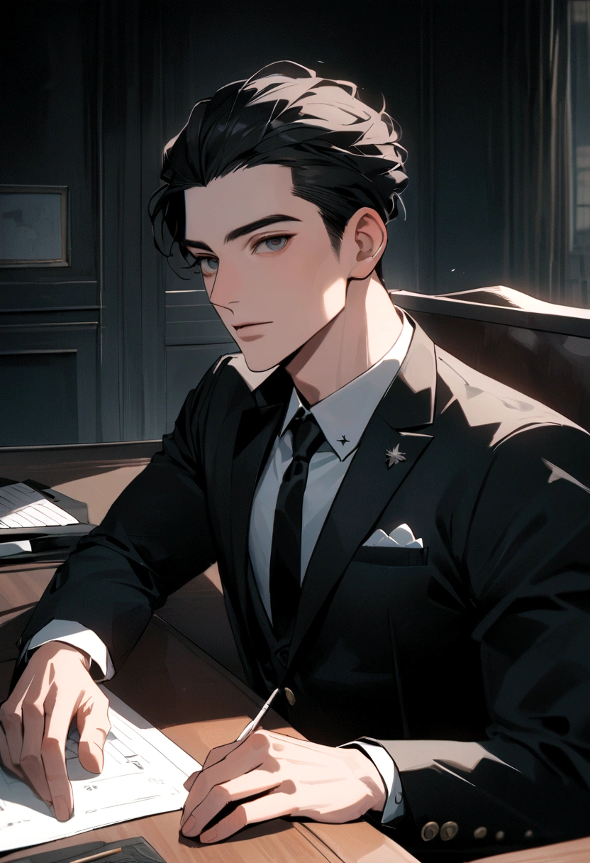 Portrait of a New York businessman wearing a suit sitting behind a desk This man must be black, Handsome and elegant images must be in 8K、You can see New York behind him、Look forward、Looking into the camera