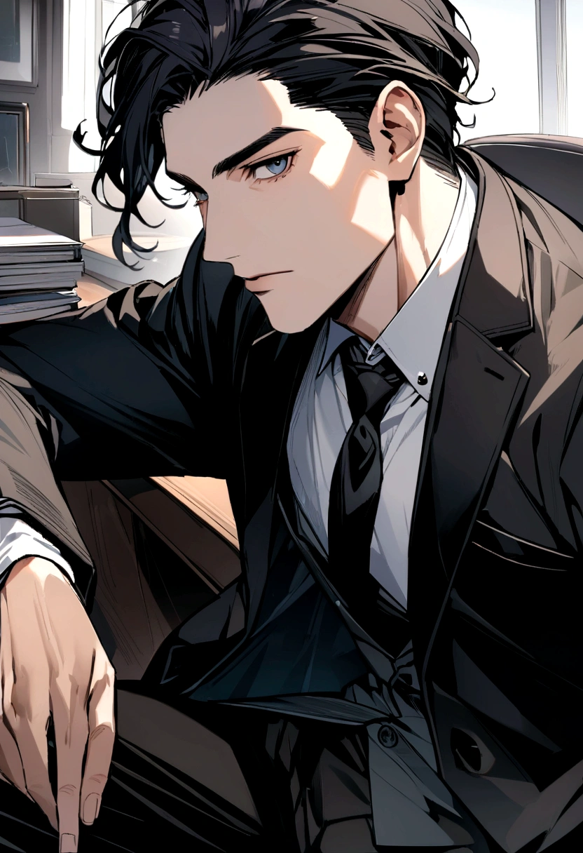 Portrait of a New York businessman wearing a suit sitting behind a desk This man must be black, Handsome and elegant images must be in 8K、You can see New York behind him、Look forward、Looking into the camera