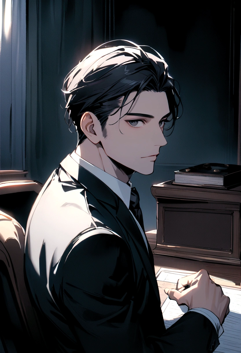 Portrait of a New York businessman wearing a suit sitting behind a desk This man must be black, Handsome and elegant images must be in 8K、You can see New York behind him、Look forward、Looking into the camera