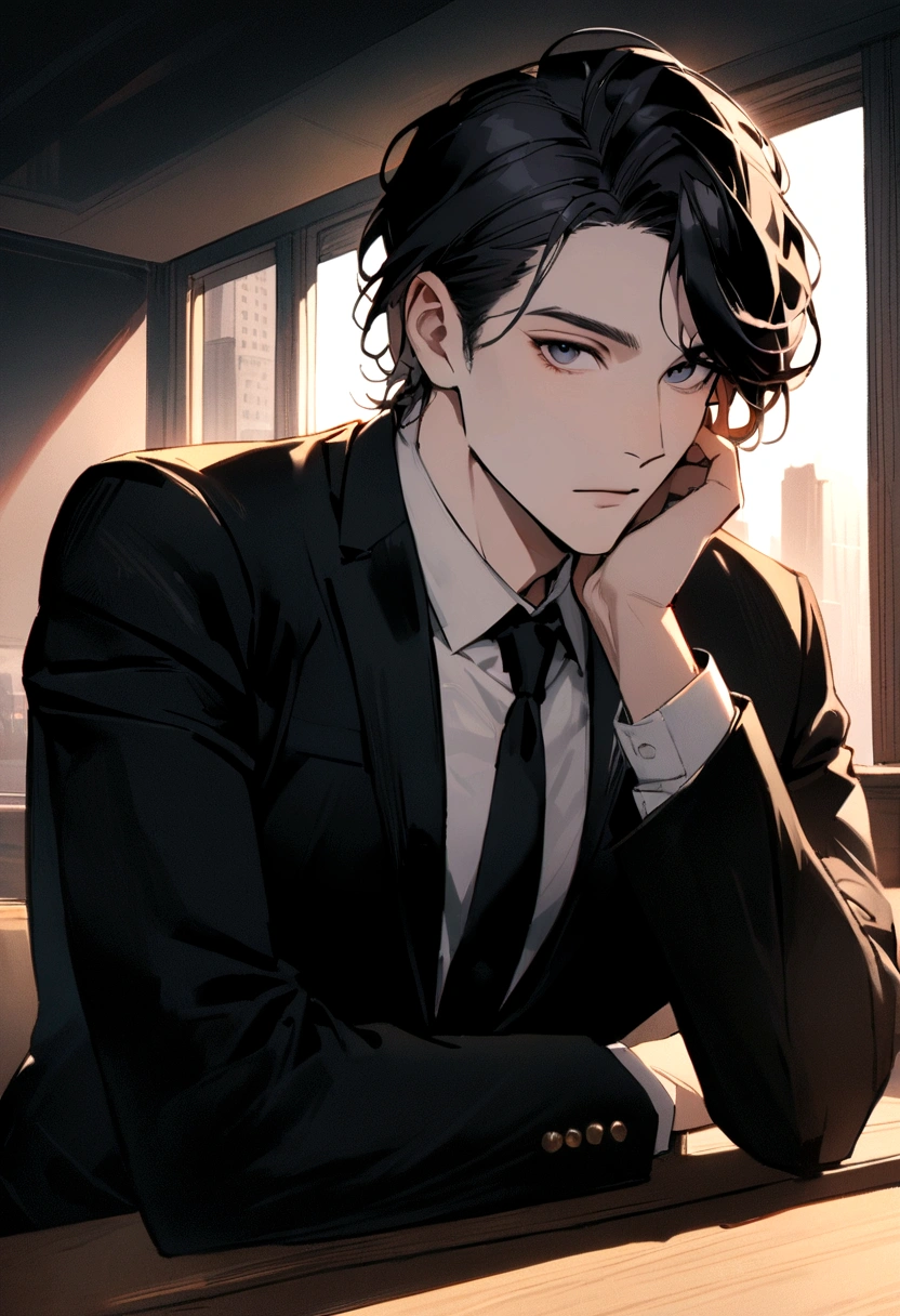 Portrait of a New York businessman wearing a suit sitting behind a desk This man must be black, Handsome and elegant images must be in 8K、You can see New York behind him、Look forward、Looking into the camera