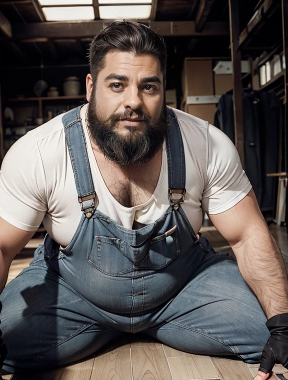 RAW, realistic photo of a national foundation,Masterpiece,top quality,(handsome mature man plump chubby morbid extremely thick thighs bulging belly fat), older man, gray hair, white man, wearing , hairy chest, hairy belly,
mechanic overalls, bare overalls, gloves, , bulge, detailed glade on clothing, (fat and corpulent: 1.3), full beard very long, looking at the viewer, handsome man, detailed eyes, symmetrical face, mischievous smile, robust, mustache, longer hair, his body is lying sideways on the floor, front view..