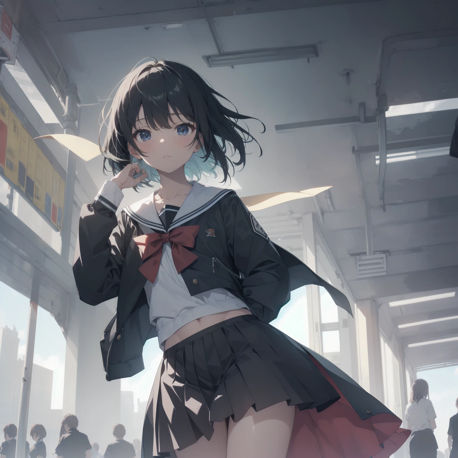 ultra-absurdres-Top quality by artist God, ultra-detailed, high resolution, anime moe artstyle, best anime 8k konachan wallpaper, pixiv contest winner, pool:2810, perfect anatomy,break, 1girl, (Please draw a girl walking sleepily to school alone. )break,(Solo,little female, 13-year-old:1.3),Full limbs, complete fingers,a junior high school student, (very short hair), short cut, flat chest, , small butt, small black eyes, beautiful detailed eyes, well-proportioned iris and pupils, expressive eyes, highres detailed hair, soft expression, salor school_uniform, sailor collar, serahuku, bow, pleated skirt,(Detailed Lighting), (Detailed background), in the School commute route. break,super detailed skin, Best cinematic lighting powered by famous artist, 8k,beauty illustration,photoshop_(medium),very aesthetic,break,((artist:neocoill )), artist:clamp ,artist:carnelian ,artist:kantoku ,
