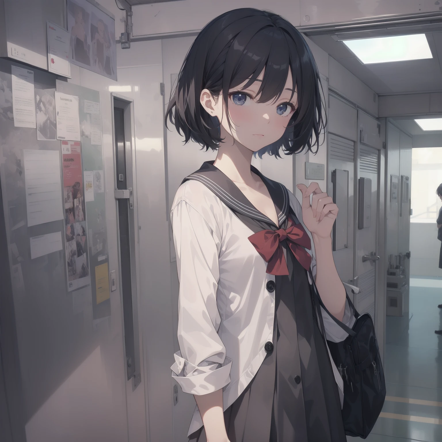 ultra-absurdres-Top quality by artist God, ultra-detailed, high resolution, anime moe artstyle, best anime 8k konachan wallpaper, pixiv contest winner, pool:2810, perfect anatomy,break, 1girl, (Please draw a girl walking sleepily to school alone. )break,(Solo,little female, -yeld:1.Full limbs, complete fingers,a junior hihort hair), short cut, flat chest, , small butt, small black eyes, beautiful detailed eyes, well-proportioned iris and pupils, expressive eyes, highres detailed hair, soft expression, salor school_uniform, sailor collar, serahuku, bow, pleated skirt,(Detailed Lighting), (Detailed background), in the School commute route. break,super detailed skin, Best cinematic lighting powered by famous artist, 8k,beauty illustration,photoshop_(medium),very aesthetic,break,((artist:neocoill )), artist:clamp ,artist:carnelian ,artist:kantoku ,