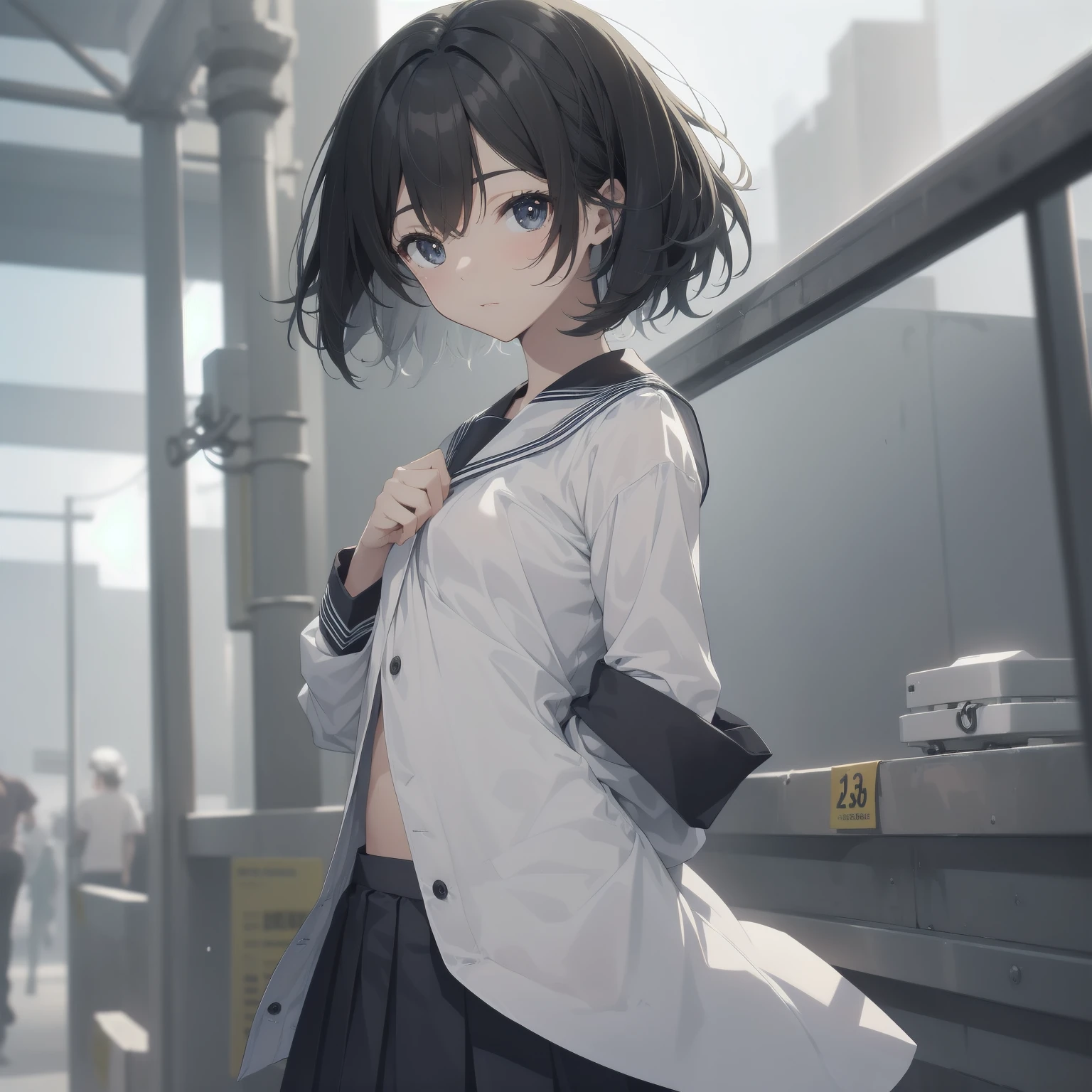 ultra-absurdres-Top quality by artist God, ultra-detailed, high resolution, anime moe artstyle, best anime 8k konachan wallpaper, pixiv contest winner, pool:2810, perfect anatomy,break, 1girl, (Please draw a girl walking sleepily to school alone. )break,(Solo,little female, -yeld:1.Full limbs, complete fingers,a junior hihort hair), short cut, flat chest, , small butt, small black eyes, beautiful detailed eyes, well-proportioned iris and pupils, expressive eyes, highres detailed hair, soft expression, salor school_uniform, sailor collar, serahuku, bow, pleated skirt,(Detailed Lighting), (Detailed background), in the School commute route. break,super detailed skin, Best cinematic lighting powered by famous artist, 8k,beauty illustration,photoshop_(medium),very aesthetic,break,((artist:neocoill )), artist:clamp ,artist:carnelian ,artist:kantoku ,