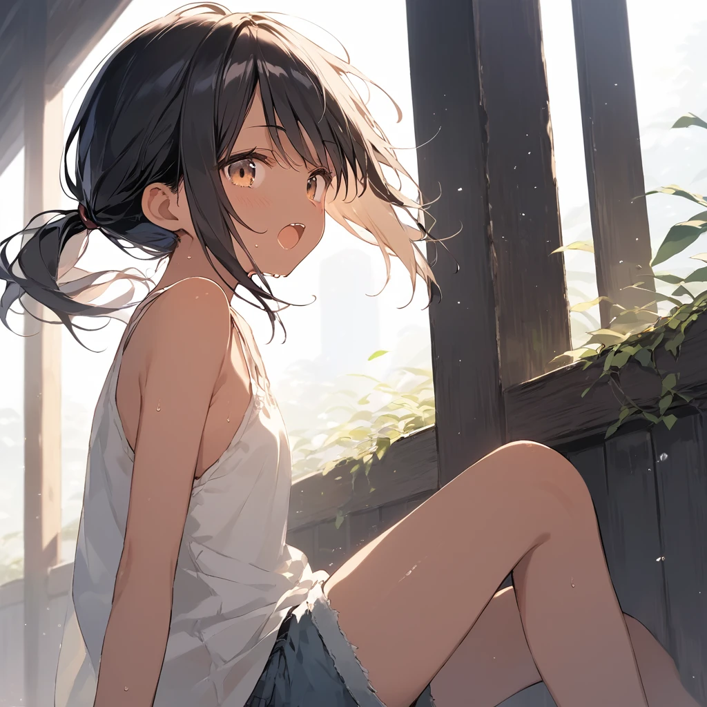 score_9, score_8_up, score_7_up, source_anime, best quality, masterpiece,official art, absurdres, highres, waifu2x,Collection: Slice of Life,break,1girl, tomboy, dark-skinned female, short hair, low ponytail, flat chest,  beautiful detailed eyes, short shorts, sweat, open mouth, (yawn:0.3), sleepily, outdoors, wind, break,(clear line illustration:1.2),very high resolution, very aesthetic, super detailed skin, Best sexual lighting powered by famous artist, 8k,cute picture,beauty illustration,photoshop_(medium),,(Detailed Lighting),best anime 8k konachan wallpaper, pixiv contest winner, 
