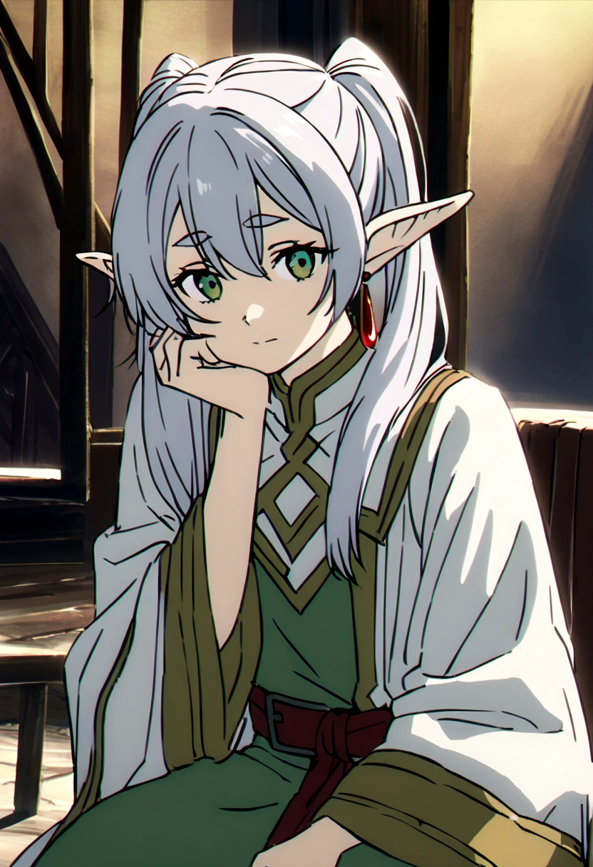 A highly detailed and expressive illustration of Frieren from the anime 'Frieren: Beyond Journey's End' sitting in a relaxed pose with her head resting on her hands looking directly at the camera with a calm and contemplative expression Frieren has long flowing silver hair styled in her usual twin ponytails each tied with a simple ribbon her elf ears are long and pointed adorned with her signature red earrings that dangle elegantly she has large expressive green eyes with a subtle shine framed by long lashes her outfit is her traditional attire consisting of a long white robe with gold trim and detailed embroidery along the edges underneath she wears a green tunic with a diamond-shaped pattern on the neckline paired with dark trousers her clothing appears slightly worn indicating her long journey but still well-kept the background is a solid contrasting color such as deep blue or black to facilitate easy recutting with soft natural lighting highlighting her serene expression and the intricate details of her clothing and hair the overall ambiance should reflect a sense of calmness and introspection capturing the essence of Frieren's characte