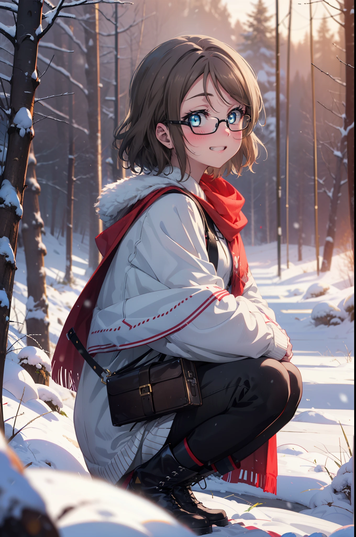 Yo Watanabe, Yu Watanabe, short hair, blue eyes, Brown Hair, smile, Grin,Mid-chest,Black-rimmed glasses,
Open your mouth,snow,Ground bonfire, Outdoor, boots, snowing, From the side, wood, suitcase, Cape, Blurred, having meal, forest, White handbag, nature, Squat, Mouth closed, Cape, winter, Written boundary depth, Black shoes, red Cape break looking at viewer, Upper Body, whole body, break Outdoor, forest, nature, break (masterpiece:1.2), Highest quality, High resolution, unity 8k wallpaper, (shape:0.8), (Beautiful and beautiful eyes:1.6), Highly detailed face, Perfect lighting, Highly detailed CG, (Perfect hands, Perfect Anatomy),