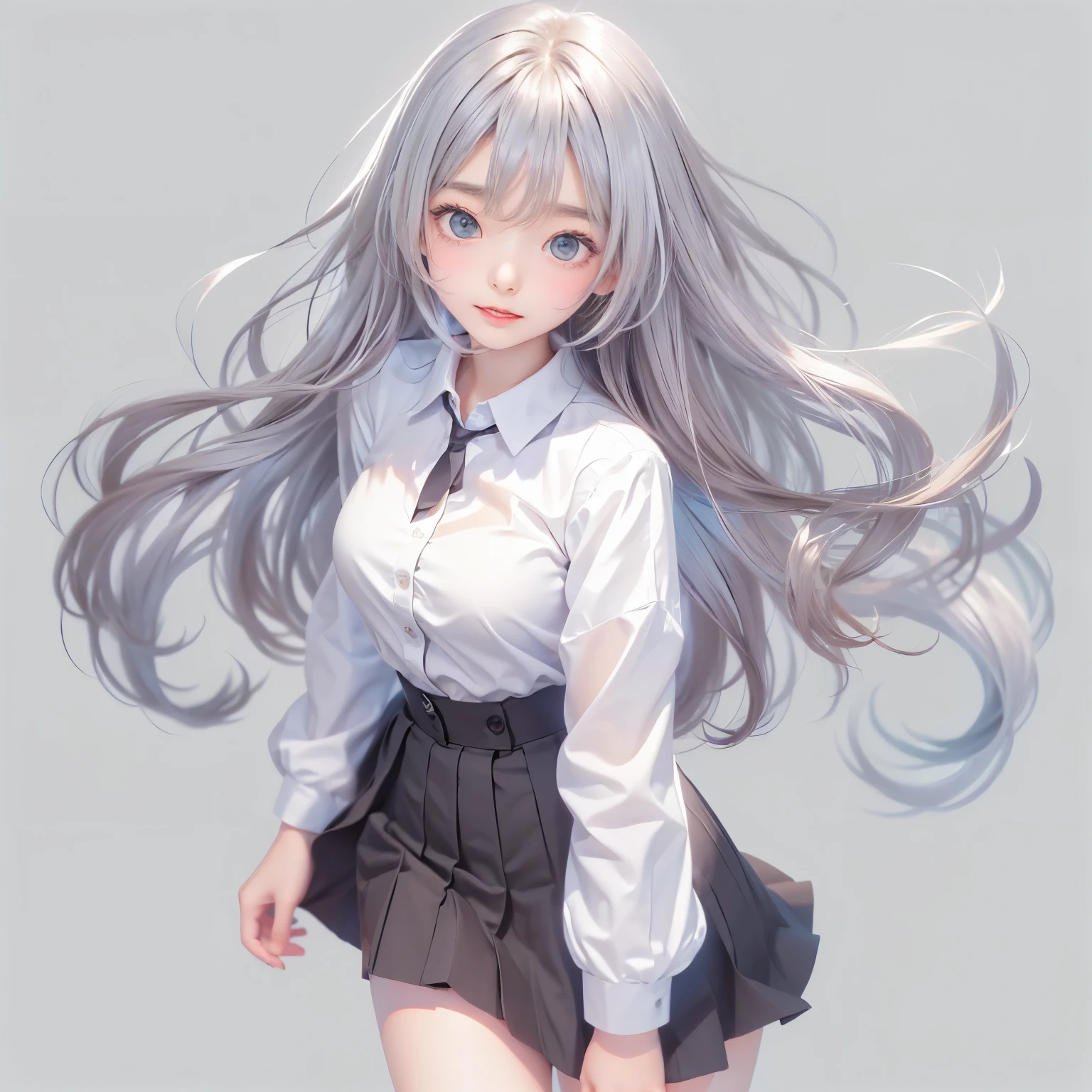 cute face, ((masterpiece, Highest quality)), (One girl), (alone), (Focus on women), (Ahoge, Gray Hair, Very long hair), Golden Eyes, A light smile, Open your mouth, ((White shirt), (Buttoned shirt), (Button gap)), ((Black Skirt), (Short skirt)), Are standing, White Background, Put your arms behind your back, Dynamic Angle,