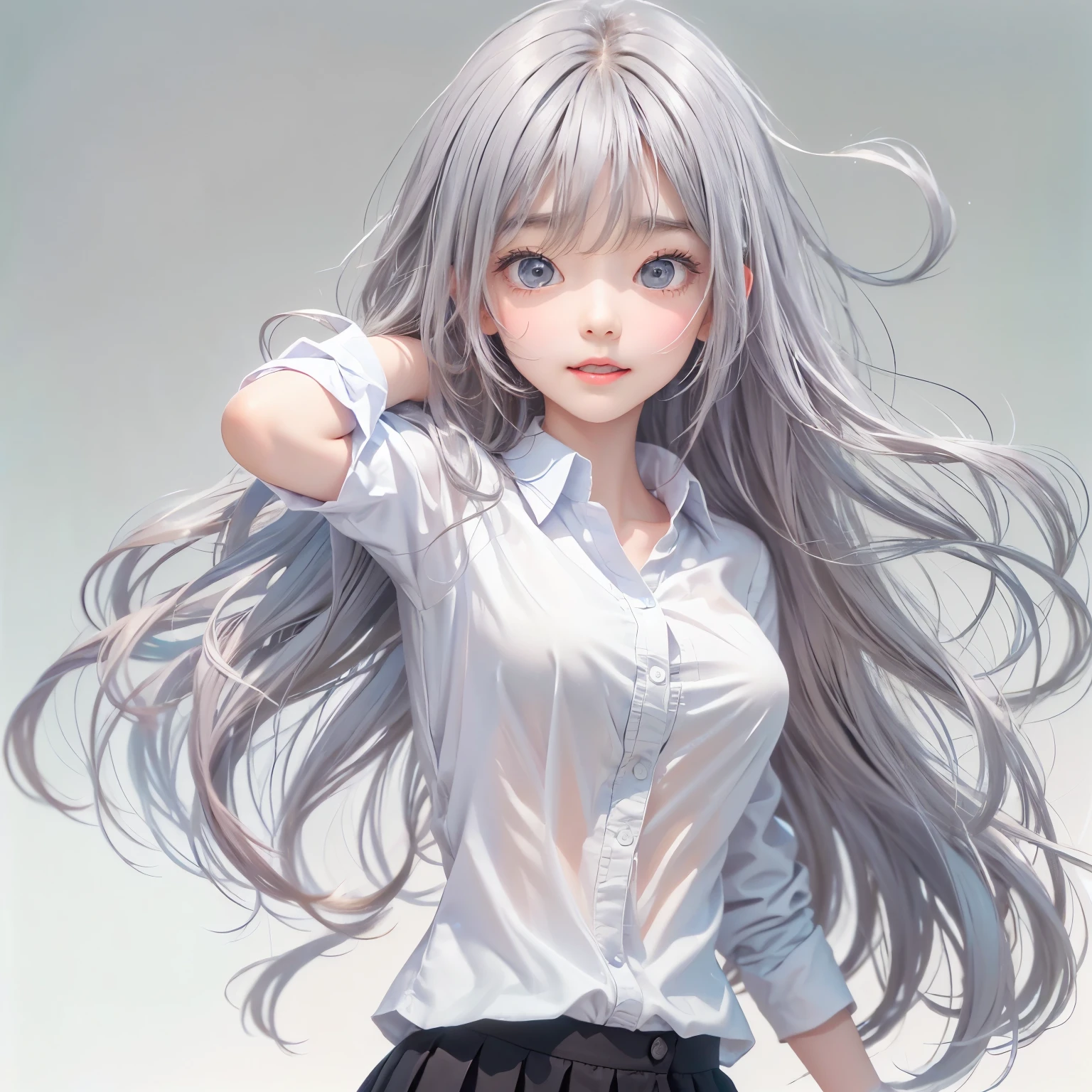 cute face, ((masterpiece, Highest quality)), (One girl), (alone), (Focus on women), (Ahoge, Gray Hair, Very long hair), Golden Eyes, A light smile, Open your mouth, ((White shirt), (Buttoned shirt), (Button gap)), ((Black Skirt), (Short skirt)), Are standing, White Background, Put your arms behind your back, Dynamic Angle,