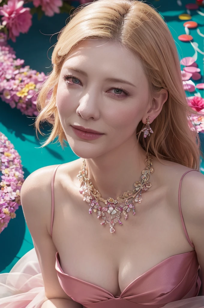 a lovely woman, cate blanchett, sheer summer dress, bare feet, candyland, happily taking bite of candy, happy sky, (best quality,4k,8k,highres,masterpiece:1.2),ultra-detailed,(realistic,photorealistic,photo-realistic:1.37),HDR,UHD,studio lighting,ultra-fine painting,sharp focus,physically-based rendering,extreme detail description,professional,vivid colors,bokeh,portrait,fantasy,candy,soft colors,dramatic lighting