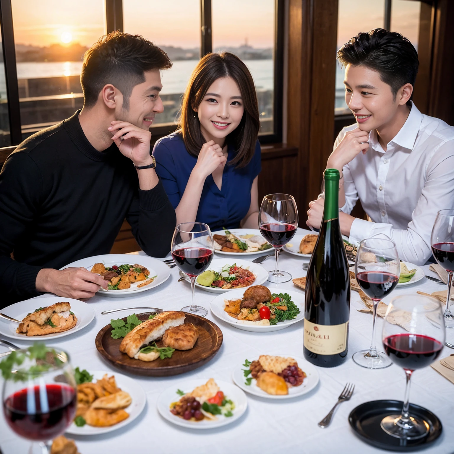 ((Highest quality、8k、masterpiece:1.3))、 (Genuineistic, Genuine、Bright image、Intricate details:1.2), Best smile 1 man 1 woman、Beautiful Couple、Lovers、Relatives and friends、actress couple、couple、Model Couple、Smile、A full-course dinner with a full table、テーブルにwine glass、 (Slim face), (The body is slim), (Brown Hair), (short hair), Please shine a light on my face、 Amazing view of the sunset sky and clouds、 (age 34), 38 years old, red wine 、Appetizers、Wine bottle、sparkling wine、Long sleeve shirt、dress、White wine, red wine, wine glass,