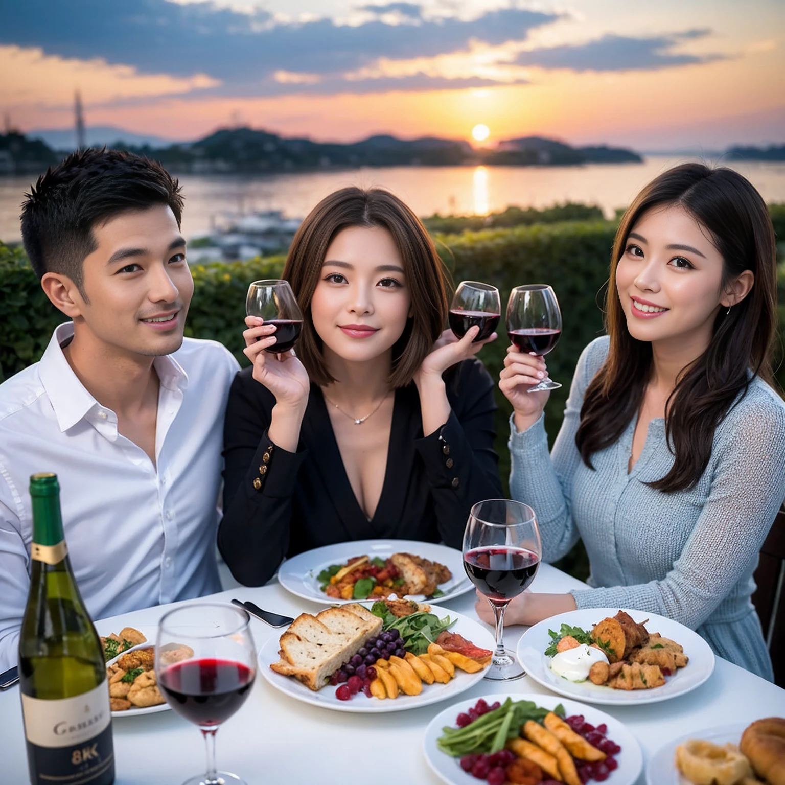 ((Highest quality、8k、masterpiece:1.3))、 (Genuineistic, Genuine、Bright image、Intricate details:1.2), Best smile 1 man 1 woman、Beautiful Couple、Lovers、Relatives and friends、actress couple、couple、Model Couple、Smile、A full-course dinner with a full table、テーブルにwine glass、 (Slim face), (The body is slim), (Brown Hair), (short hair), Please shine a light on my face、 Amazing view of the sunset sky and clouds、 (age 34), 38 years old, red wine 、Appetizers、Wine bottle、sparkling wine、Long sleeve shirt、dress、White wine, red wine, wine glass, 