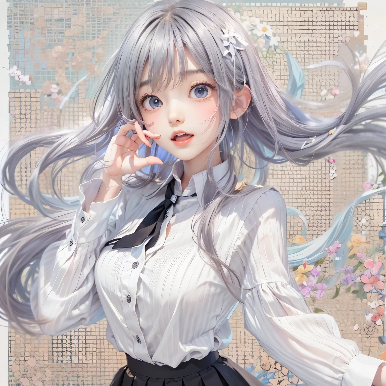 cute face, ((masterpiece, Highest quality)), (One girl), (alone), (Focus on women), (Ahoge, Gray Hair, Very long hair), Golden Eyes, A light smile, Open your mouth, ((White shirt), (Buttoned shirt), (Button gap)), ((Black Skirt), (Short skirt)), Are standing, White Background, Put your arms behind your back, Dynamic Angle,