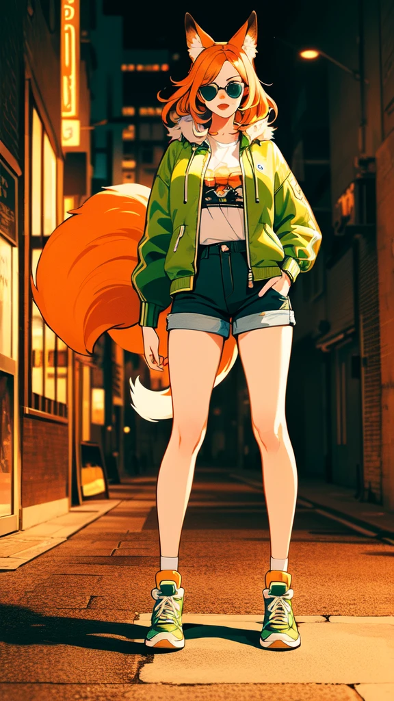 Masterpiece, 1girl, solo, (best quality,4k,8k,highres,masterpiece:1.2), ultra-detailed, Skinny fox girl, (yellow sunglasses, green jacket, black shorts, yellow sneakers, orange hair, fox tail), ((detailed clothes, detailed fur texture, intricate detail, highly detailed, fine details best quality, hyperdetailed face)), cyberpunk, city background, ((detailed background, , bright color tones, digital art beautiful lighting,
