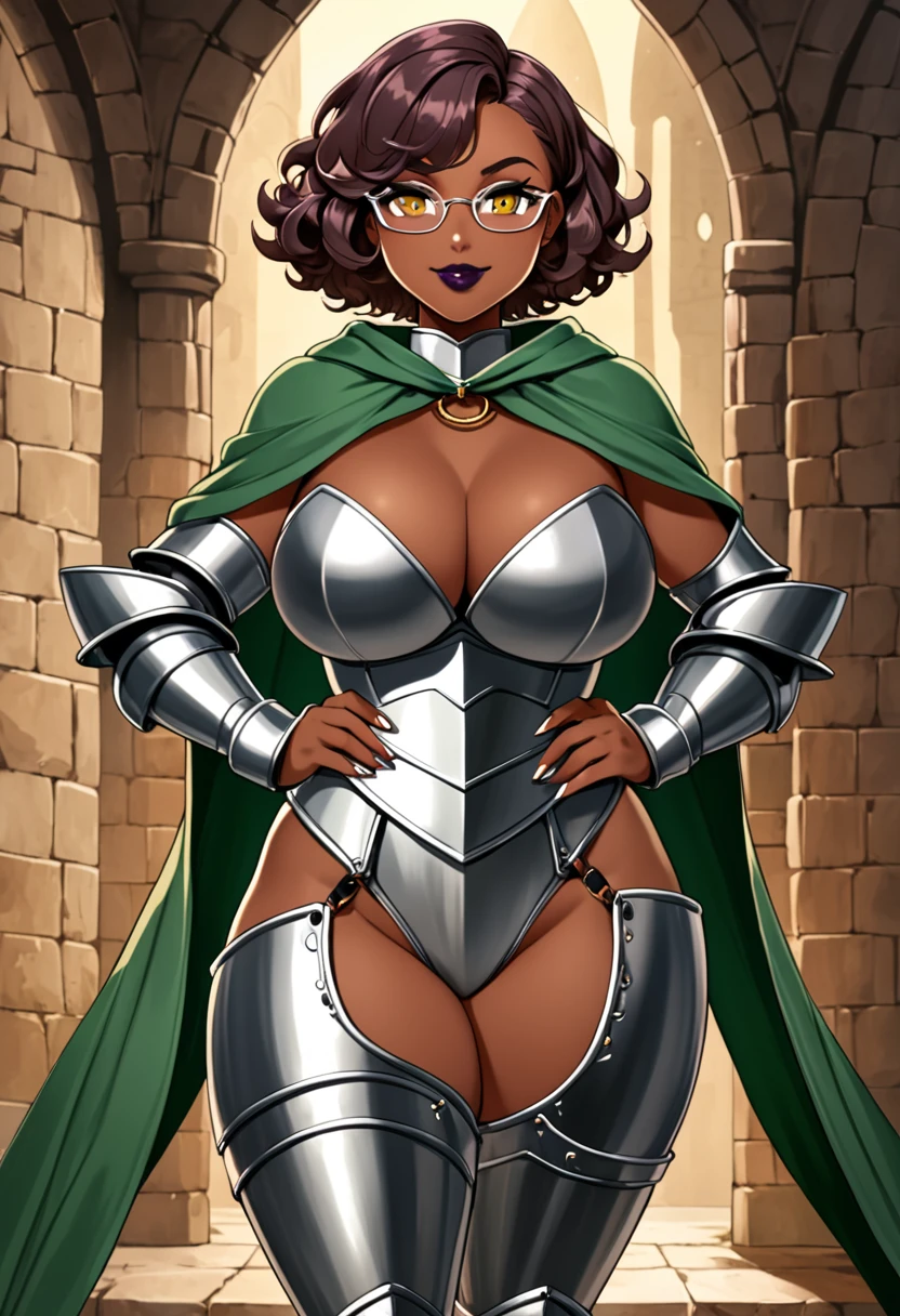 Perscription glasses, dark skin, short wavy hair, light orange eyes, dark lip stick, dark lip gloss, athletic, cleavage, smirking, wide eyes, green medieval cloak, steel armor, thick thighs, hands behind back, standing, facing viewer, tone, mischievous smile,