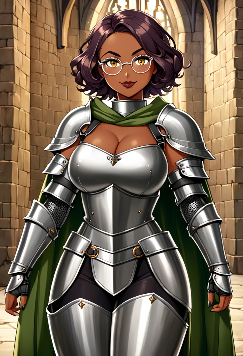 Perscription glasses, dark skin, short wavy hair, light orange eyes, dark lip stick, dark lip gloss, athletic, cleavage, smirking, wide eyes, green medieval cloak, steel armor, thick thighs, hands behind back, standing, facing viewer, tone, mischievous smile,