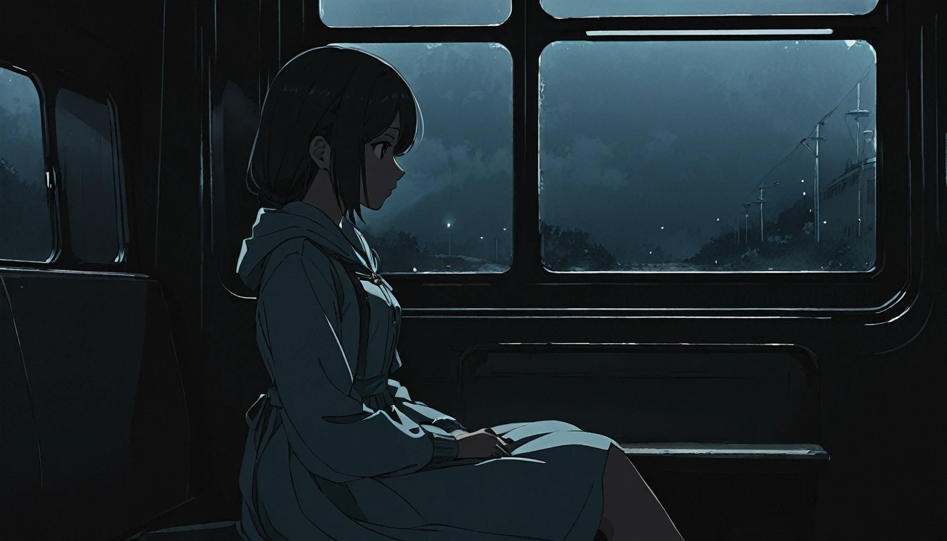 High definition animation. A girl sits inside a dark old train and looks forlornly out her window. It's dark outside the train. Girl's half body shot