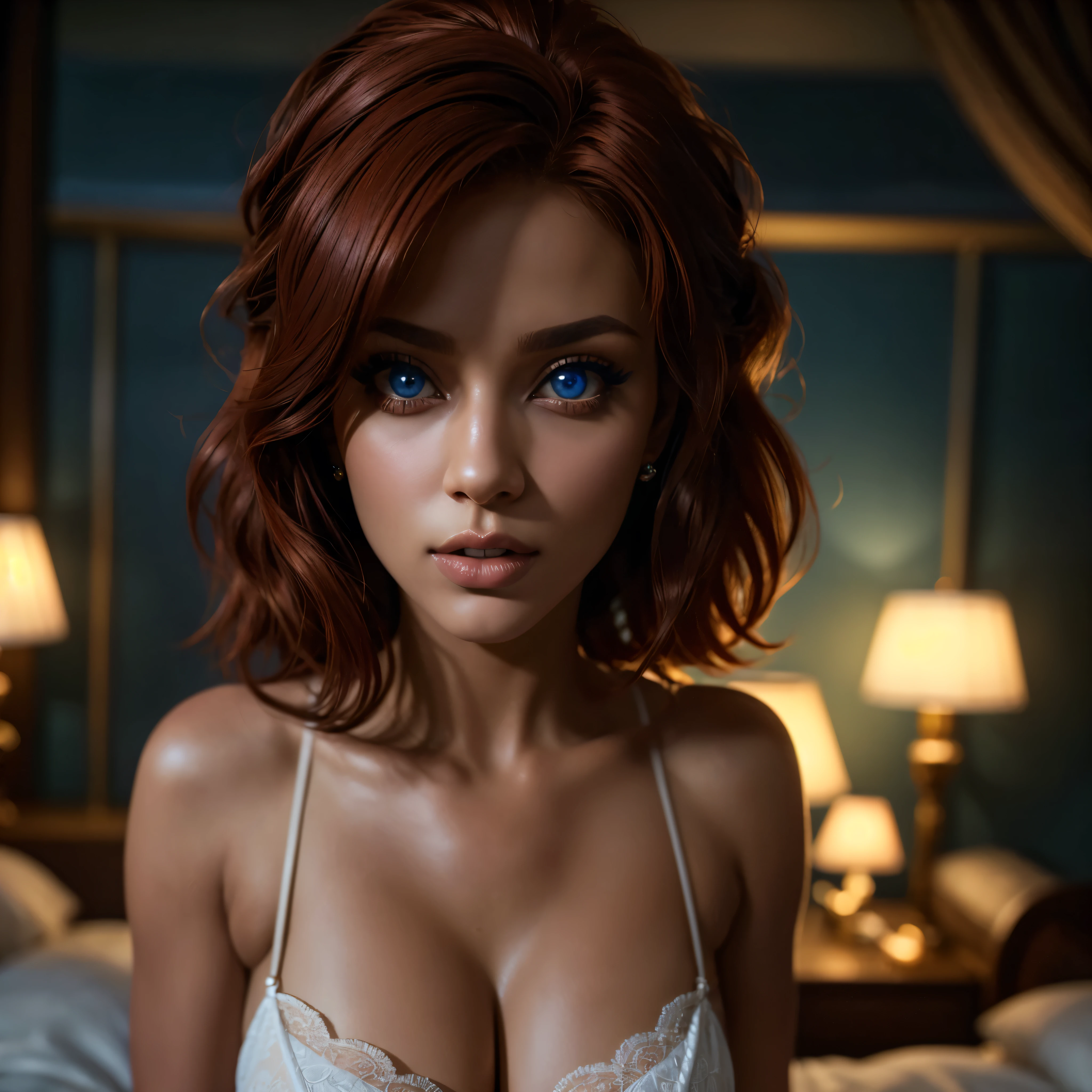 a very beautiful woman with dark skin, red hair in a bob hairstyle, expressive blue eyes, (( beautiful eyes)), juicy body, perfect body, (( whole body)), wearing white lace lingerie, in a bedroom setting with a sexy and erotic atmosphere,(best quality,4k,8k,highres,masterpiece:1.2),ultra-detailed,(realistic,photorealistic,photo-realistic:1.37),portrait,glamorous,dramatic lighting,cinematic,chiaroscuro HDMI, HDRI, UDHD,(( Scatter effect)), (( volume effect 1.1)), (( Depth of field 1.1)), (( fisheye lens)).(perfect details: 1.1), (beautiful and clear background: 1.2), ( extremely detailed CG, ultra detailed, best shadow: 1.1), (((finely detailed beautiful eyes))), (full length 1.1), Golden ratio, soft cinematic lighting, bed tones