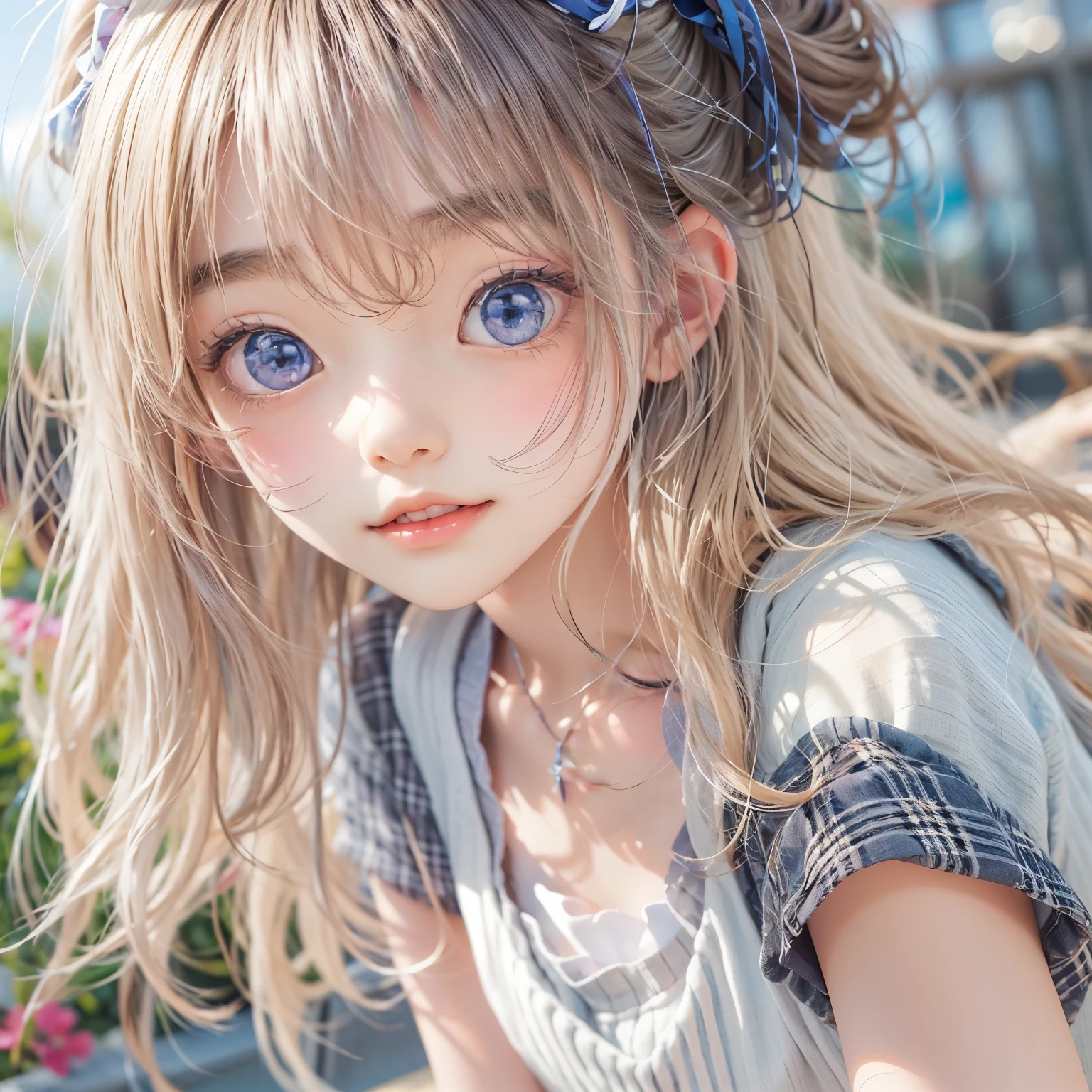 cute face, masterpiece, Highest quality, One girl, alone, , Quarter Japanese, Blonde Hair, Long Hair, Purple eyes, Side-parted bangs, Short bangs, Medium chest, Play sports often, Bloomers, Outdoor, Athletics, Conceit