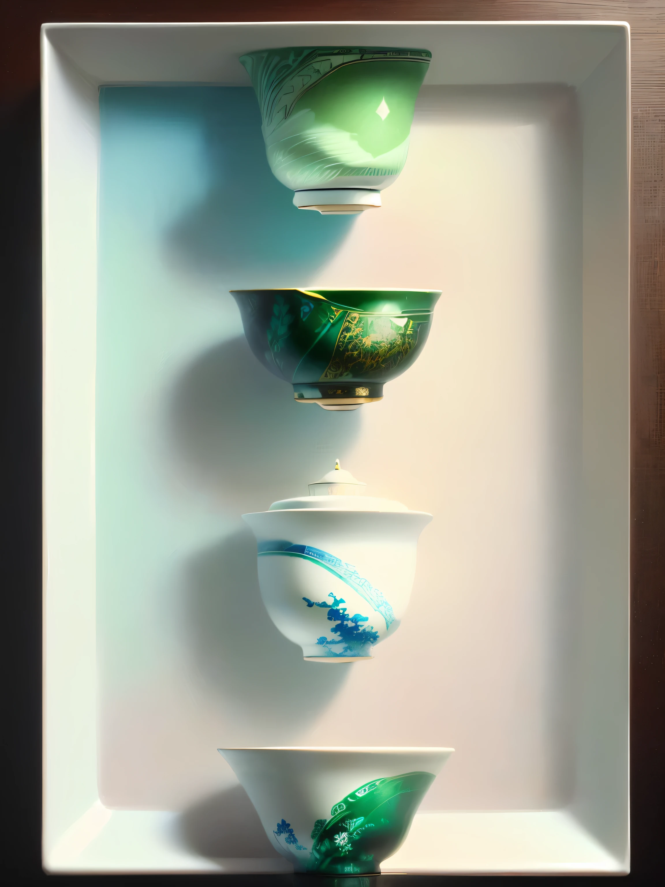 a white bowl, green and blue colors, close-up detailed photo, minimalist illustration, tea leaves, tea culture, solid green background, ultra-detailed, high quality, masterpiece, realistic, vibrant colors, natural lighting