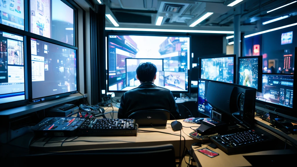 A man engrossed in his room, Surrounded by technology while using modern computers. Through the window, Futuristic robots roaming the cityscape, Perform various tasks. In his expression、It expresses a mixture of fascination and regret in the face of technological advances.。, Human life and、Emphasizing coexistence with the increasing presence of automation and artificial intelligence in the modern world.