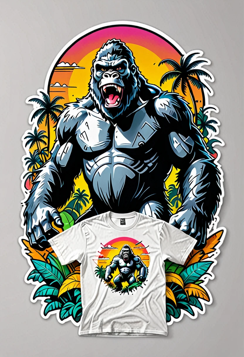 (((a sticker))), (((white background))),splash art, intricately detailed t-shirt design ready for print , 2d, ONE angry wild shouting furious  HUGE KING KONG in foreground, Jungle sunset at the background, vibe detailed design for streetwear and urban style t-shirts design, pro vector, (cel-shading style:1.3), inkpunk, (ink lines:1.1), strong outlines, bold traces, high contrast, (cel-shaded:1.1), vector, 32k resolution, best quality, flat lights,vector t-shirt art ready for print, intricate rich extremely complex ornaments illustration, extremely detailed and complex illustration, high detail, clean lines style, intricate high details, (((white plain background)))