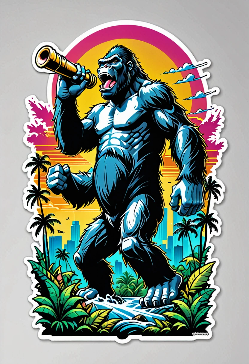 (((a sticker))), (((white background))),splash art, intricately detailed t-shirt design ready for print , 2d, ONE angry wild shouting furious  HUGE KING KONG in foreground, Jungle sunset at the background, vibe detailed design for streetwear and urban style t-shirts design, pro vector, (cel-shading style:1.3), inkpunk, (ink lines:1.1), strong outlines, bold traces, high contrast, (cel-shaded:1.1), vector, 32k resolution, best quality, flat lights,vector t-shirt art ready for print, intricate rich extremely complex ornaments illustration, extremely detailed and complex illustration, high detail, clean lines style, intricate high details, (((white plain background)))