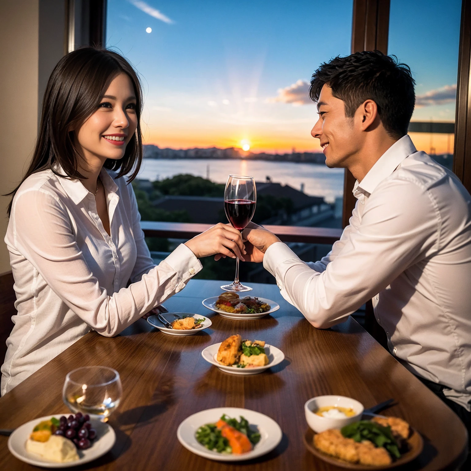 ((Highest quality、8k、masterpiece:1.3))、 (Genuineistic, Genuine、Bright image、Intricate details:1.2), Best smile 1 man 1 woman、Beautiful Couple、spouse、Couple、spouse、Beautiful Couple、Smile、A full-course dinner with a full table、テーブルにwine glass、 (Slim face), (The body is slim), (Brown Hair), (short hair), Please shine a light on my face、 Amazing view of the sunset sky and clouds、 (age 34), 39 years old, red wine 、Wine bottle、sparkling wine、Long sleeve shirt、dress、White wine, red wine, wine glass, 