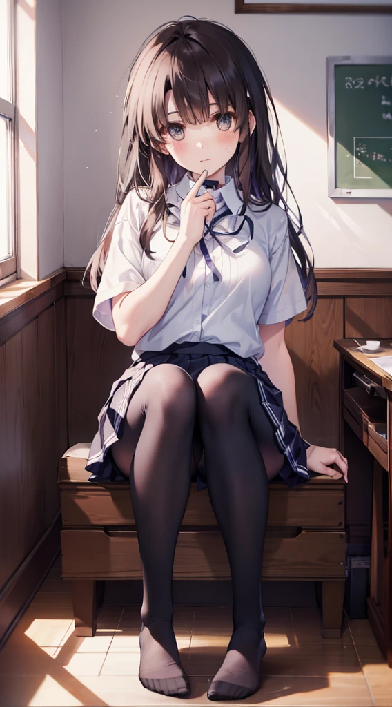 (8k、Best image quality、Highest quality、masterpiece)、One tall girl、((Full body))、Sitting on the floor、White panties are visible、Long Hair、blush、Moderate bust、White collared shirt、Short sleeve、((Plaid pleated mini skirt))、Classroom Background、((black tights))、Black Pantyhose、((No shoes))