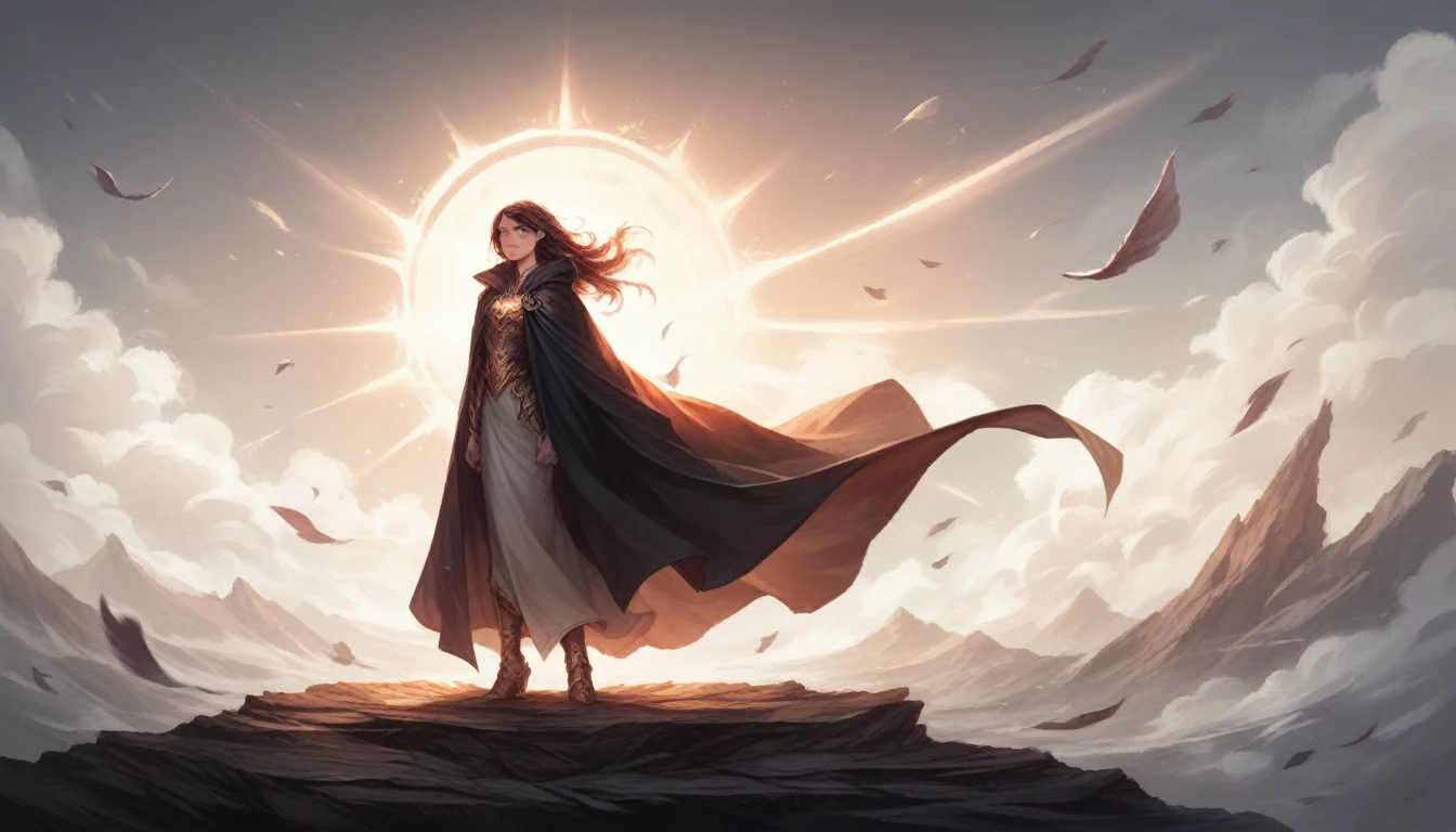 a woman standing full length, facing front, long cloak fluttering in the wind, detailed face, beautiful eyes, detailed clothing, photorealistic, 8k, high quality, cinematic lighting, dramatic lighting, fantasy, epic scale, intricate details, digital art