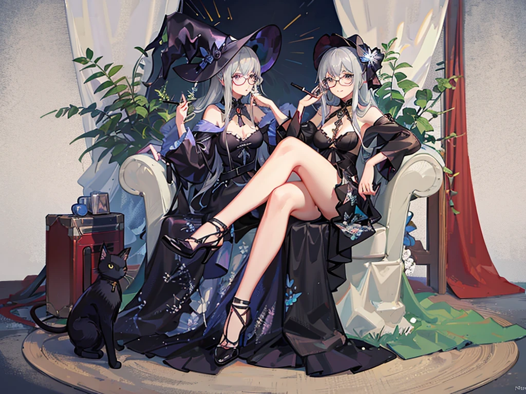 anime girl long purple hair wearing a black Robe. she has pointy ears. Witch Hat. Manga kawaii. iridescent ,An illustration, Sit on the sofa,One person