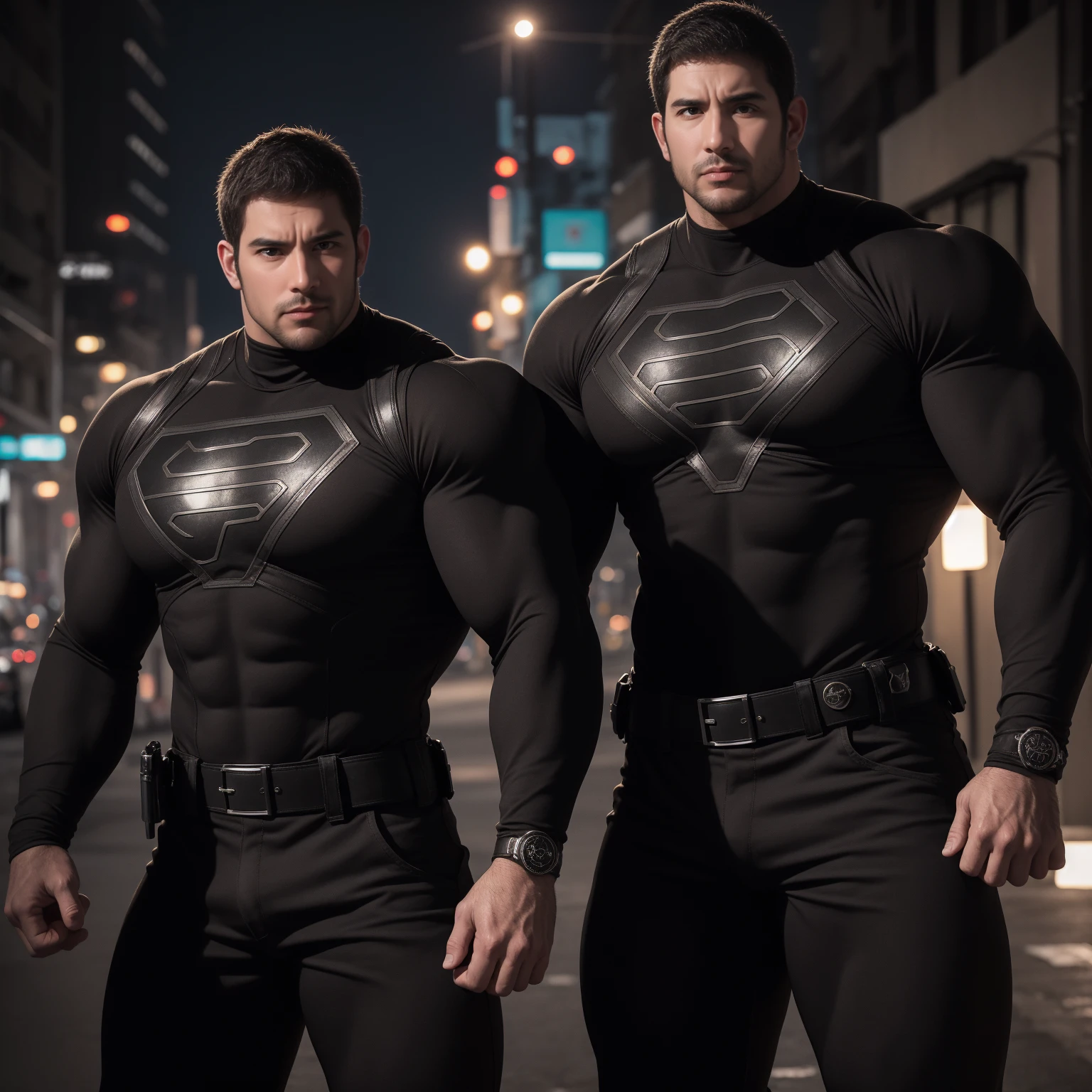 1名Angry super muscular man,  short hair，On a vintage outdoor street under the hot sun, Wear long sleeve dark brown superhero black panther tights, Dark brown texture，The expression is arrogant, Thick thighs, Messy hair, Thick thighs, Turtleneck Long Sleeve Dark Brown Superhero Bodysuit, very tight, Regular symmetrical pattern, High targetlight muscles, Police uniform pants, character concept（Resident Evil - Chris Redfield, Chris Redfield）A proud expression, Deep and charming eyes, Heroic male pose, tall Burly, muscular！muscular thighs, Tough Guy, Perfect facial features, High target, Burly, Heqiang, Super exquisite and cool, High target Resolution Committee, Charming, The sun is blazing, Dazzling