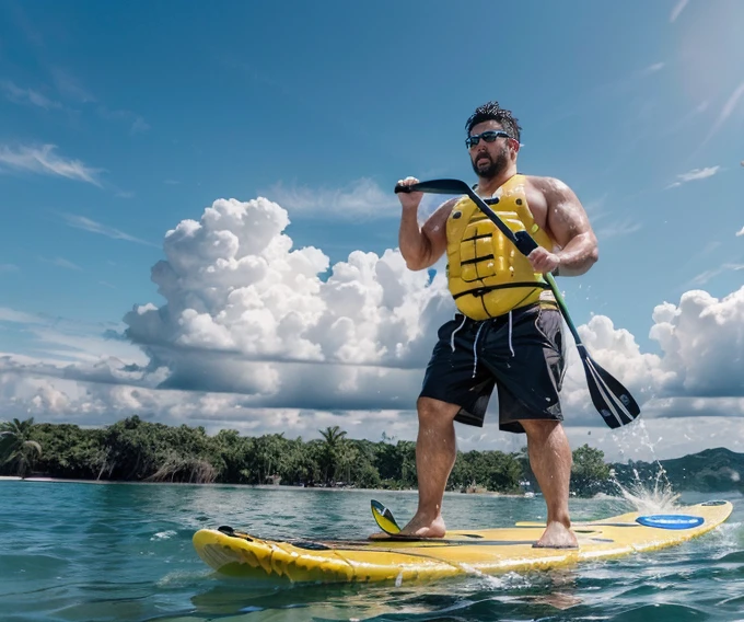 RAW, realistic photo of a national foundation,Masterpiece,top quality,fat man,Hug a man,wearing Speedo verde ou amarelo ou branco,(((practicing water sports "stand up paddle"com prancha e remo ))