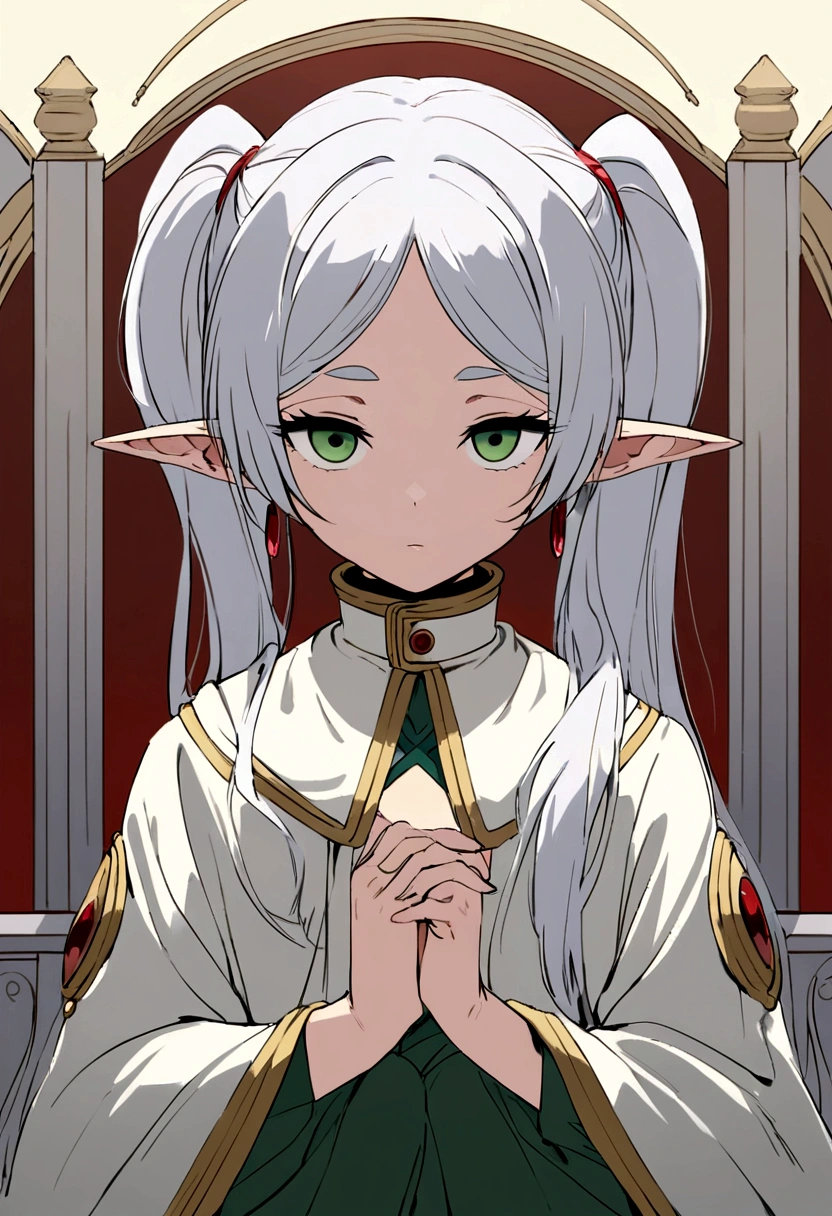 A highly detailed and expressive illustration of Frieren from the anime 'Frieren: Beyond Journey's End' sitting in a relaxed pose with her head resting on her hands looking directly at the camera with a calm and contemplative expression Frieren has long flowing silver hair styled in her usual twin ponytails each tied with a simple ribbon her elf ears are long and pointed adorned with her signature red earrings that dangle elegantly she has large expressive green eyes with a subtle shine framed by long lashes her outfit is her traditional attire consisting of a long white robe with gold trim and detailed embroidery along the edges underneath she wears a green tunic with a diamond-shaped pattern on the neckline paired with dark trousers her clothing appears slightly worn indicating her long journey but still well-kept the background is a solid contrasting color such as deep blue or black to facilitate easy recutting with soft natural lighting highlighting her serene expression and the intricate details of her clothing and hair the overall ambiance should reflect a sense of calmness and introspection capturing the essence of Frieren's characte