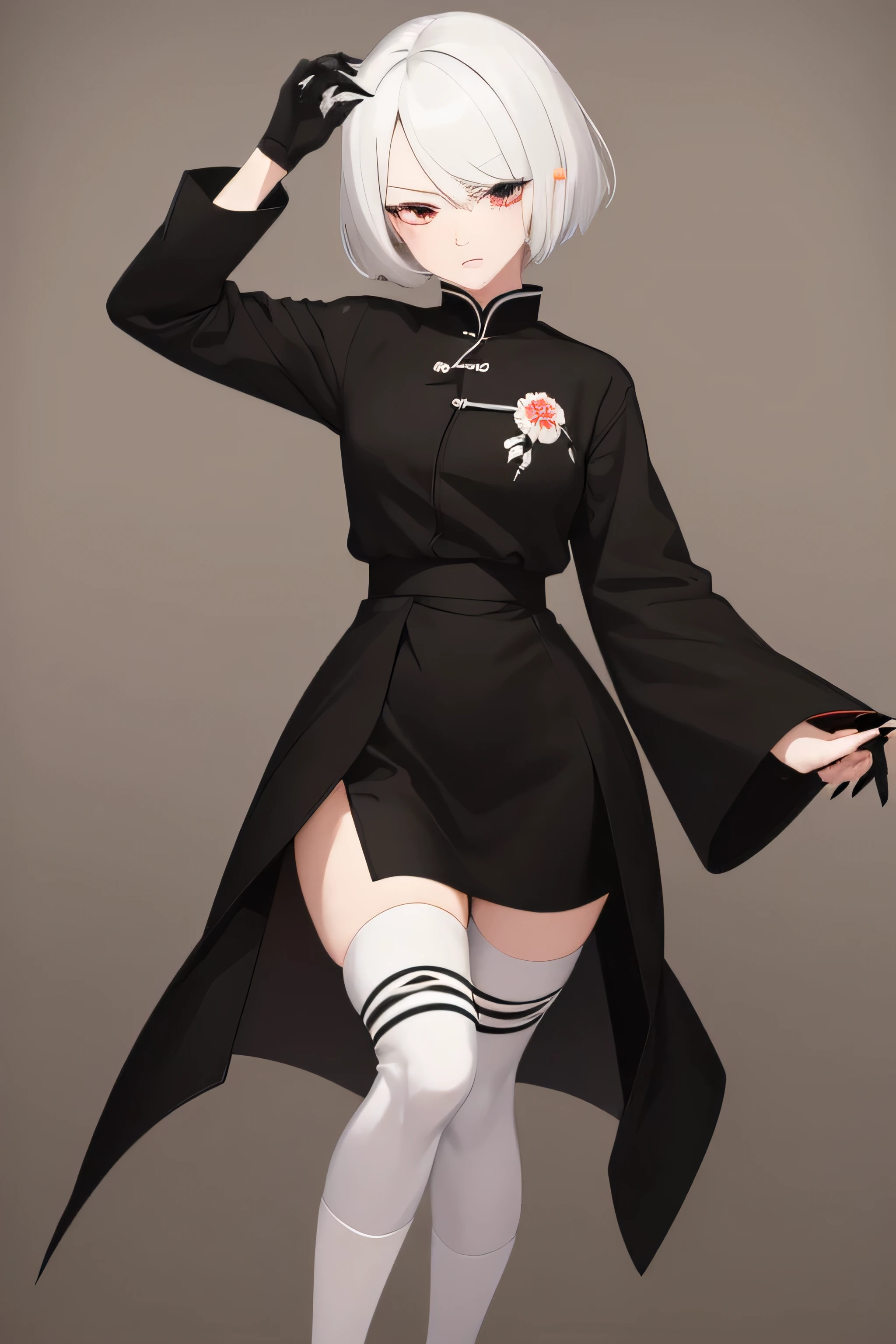 ((best quality)), ((masterpiece)), (detailed), 1girl, short white hair, white eyelashes, black eyes, ofuda flying around, plain black Chinese zombie outfit, long sleeves with black giant claws, socks + bandages on legs, full body, dynamic pose, better eyes, high quality eyes, 4K eyes, better quality hands, perfect fingers