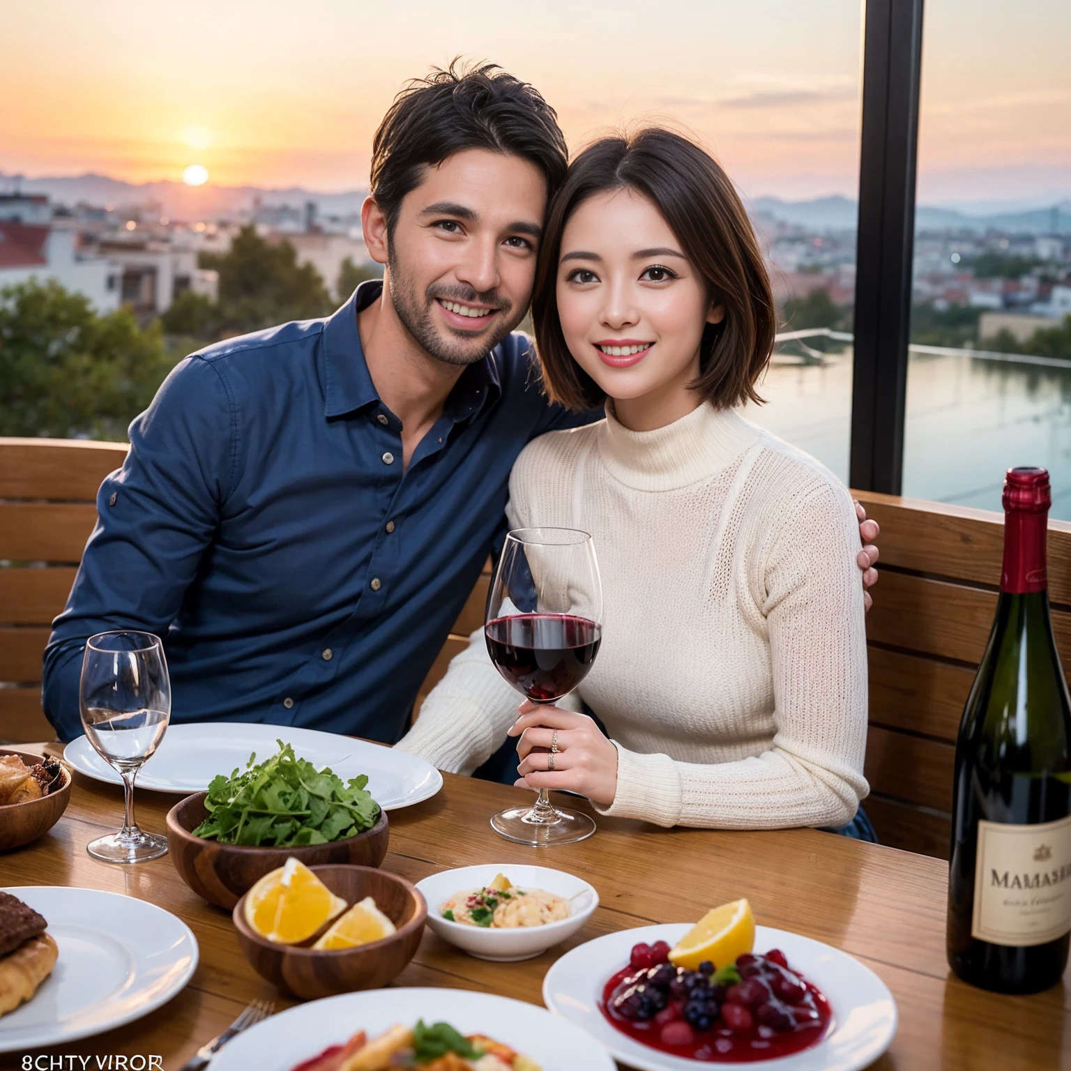 ((Highest quality、8k、masterpiece:1.3))、 (Genuineistic, Genuine、Bright image、Intricate details:1.2), Best smile 1 man 1 woman、Beautiful Couple、spouse、Couple、spouse、Beautiful Couple、Smile、A full-course dinner with a full table、テーブルにwine glass、 (Slim face), (The body is slim), (Brown Hair), (short hair), Please shine a light on my face、 Amazing view of the sunset sky and clouds、 (age 34), 39 years old, red wine 、Wine bottle、sparkling wine、Long sleeve shirt、dress、White wine, red wine, wine glass, 