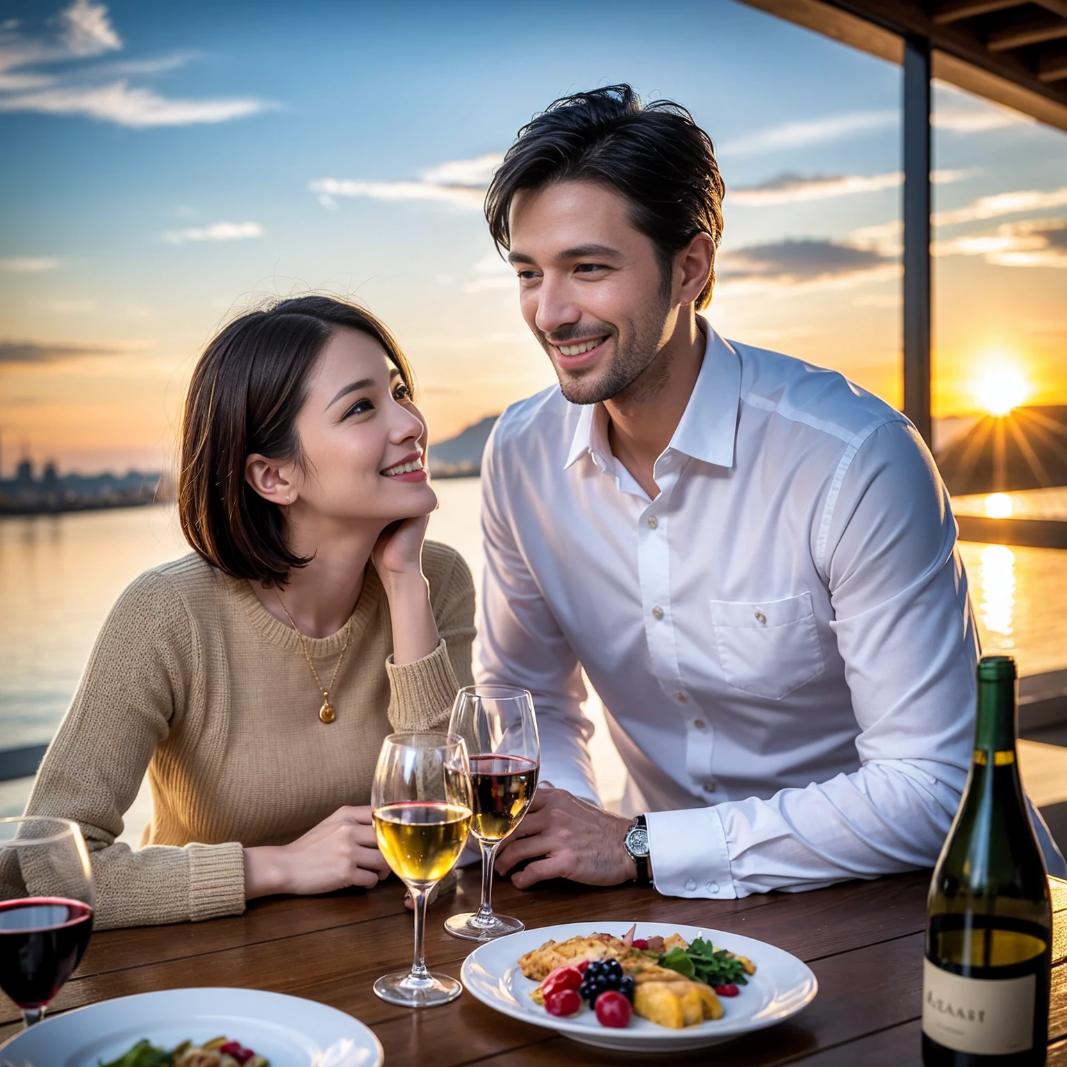 ((Highest quality、8k、masterpiece:1.3))、 (Genuineistic, Genuine、Bright image、Intricate details:1.2), Best smile 1 man 1 woman、Beautiful Couple、spouse、Couple、spouse、Beautiful Couple、Smile、A full-course dinner with a full table、テーブルにwine glass、 (Slim face), (The body is slim), (Brown Hair), (short hair), Please shine a light on my face、 Amazing view of the sunset sky and clouds、 (age 34), 39 years old, red wine 、Wine bottle、sparkling wine、Long sleeve shirt、dress、White wine, red wine, wine glass, 