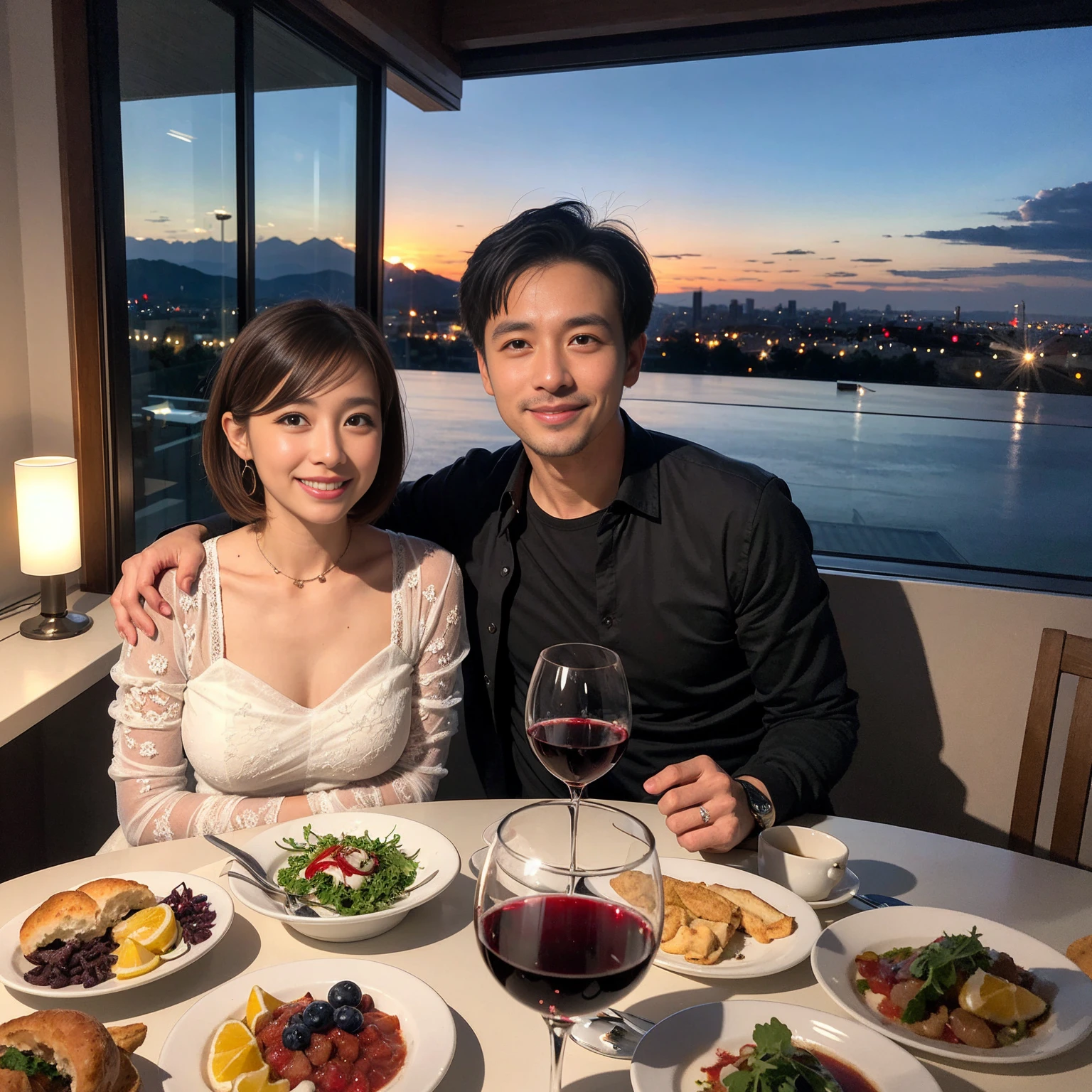 ((Highest quality、8k、masterpiece:1.3))、 (Genuineistic, Genuine、Bright image、Intricate details:1.2), Best smile 1 man 1 woman、Beautiful Couple、spouse、Couple、spouse、Beautiful Couple、Smile、A full-course dinner with a full table、テーブルにwine glass、 (Slim face), (The body is slim), (Brown Hair), (short hair), Please shine a light on my face、 Amazing view of the sunset sky and clouds、 (age 34), 39 years old, red wine 、Wine bottle、sparkling wine、Long sleeve shirt、dress、White wine, red wine, wine glass,