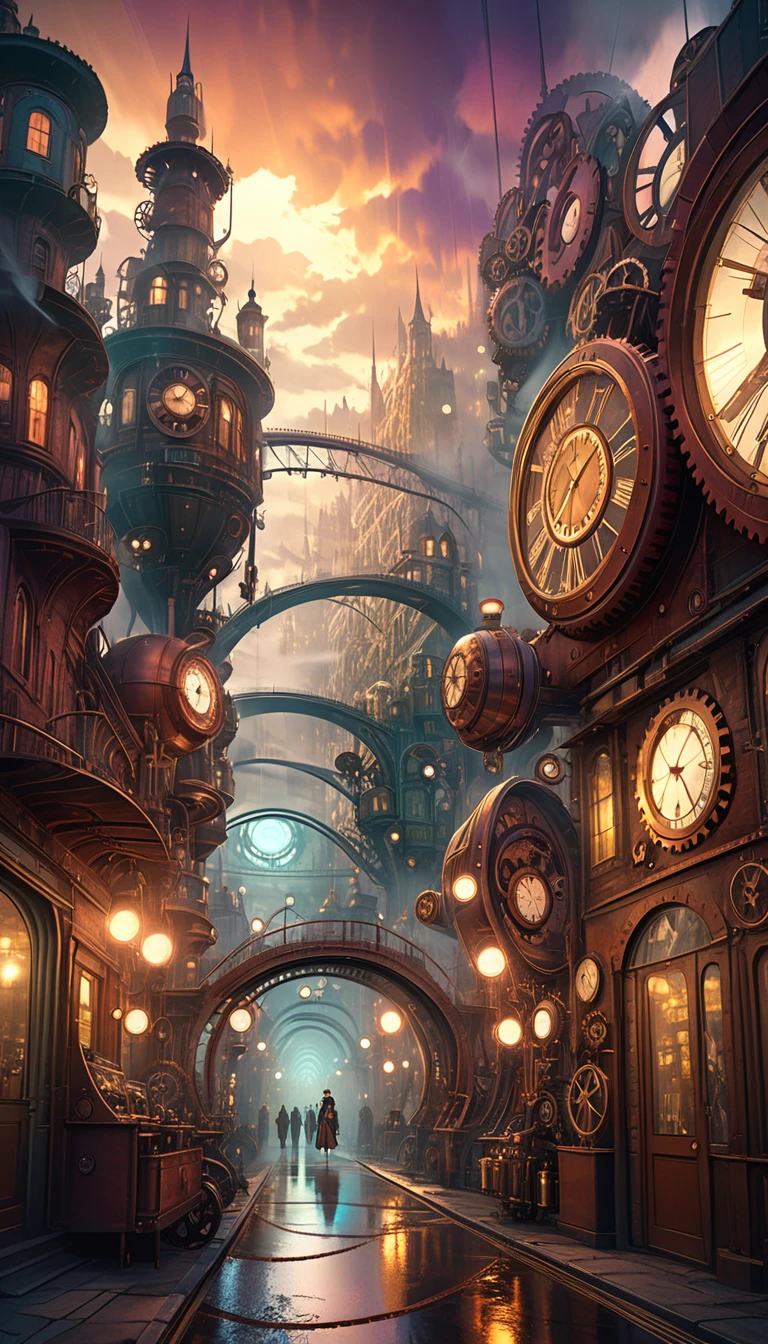 (steampunk:1.5), futuristic city street landscape, intricate bridges, mysterious fog, art inspired by Bill Sienkiewicz, advanced technology, gears, steam punk architecture, cityscape, cinematic, dramatic lighting, moody atmosphere, vibrant colors, highly detailed, photorealistic, 8k
