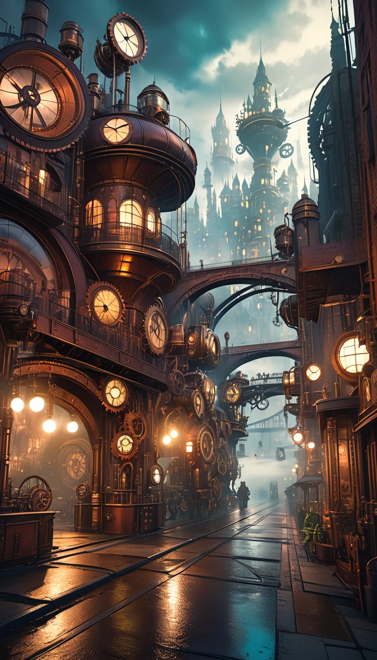 (steampunk:1.5), futuristic city street landscape, intricate bridges, mysterious fog, art inspired by Bill Sienkiewicz, advanced technology, gears, steam punk architecture, cityscape, cinematic, dramatic lighting, moody atmosphere, vibrant colors, highly detailed, photorealistic, 8k
