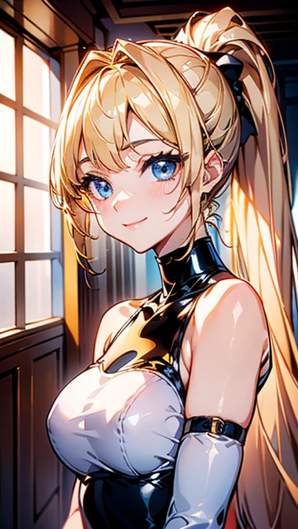 High quality, Best quality , masterpiece, Portrait、、Bright expression、ponytail、Young, shiny, white, glossy skin、Gloss Face、Shining Cheek Gloss、Small Face Beauty、The best beauty、The dazzling light of blonde hair、Bright blonde hair with dazzling highlights、Very beautiful shiny light blonde hair、super long silky straight hair、Her shiny, beautiful bangs are covering her eyes.、Sparkling, clear, attractive, bright, large, pale blue eyes、Very big eyes、eyeliner、very beautiful lovely cute 16 year old girl、young girl, Ample Bust, upper body , (smile:1.2) , (((latex tits , ponytail )))), in room , medium breast , full body , off shoulder