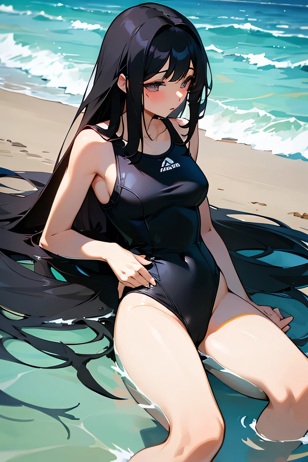 Masturbation coastal Long Black Hair Swimsuit off