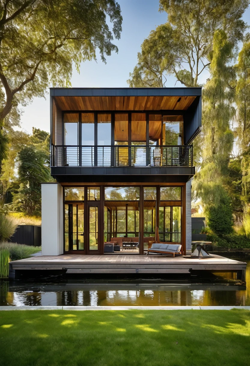 contemporary house with steel, wood and concrete structure, brise-brise style windows, deck overlooking a large duck pond, real grass